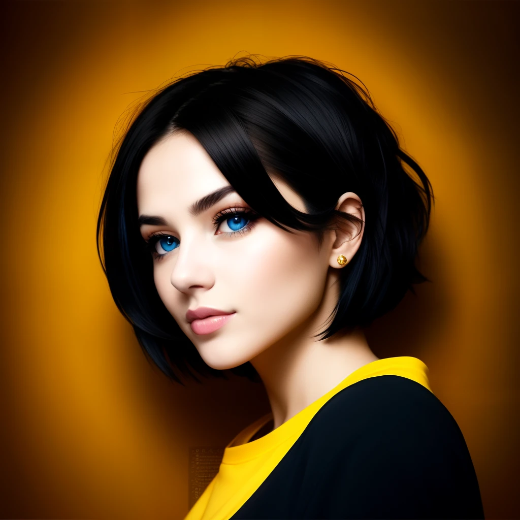 Portrait of a beautiful woman, with short black hair, blue eyes, wearing yellow shirt