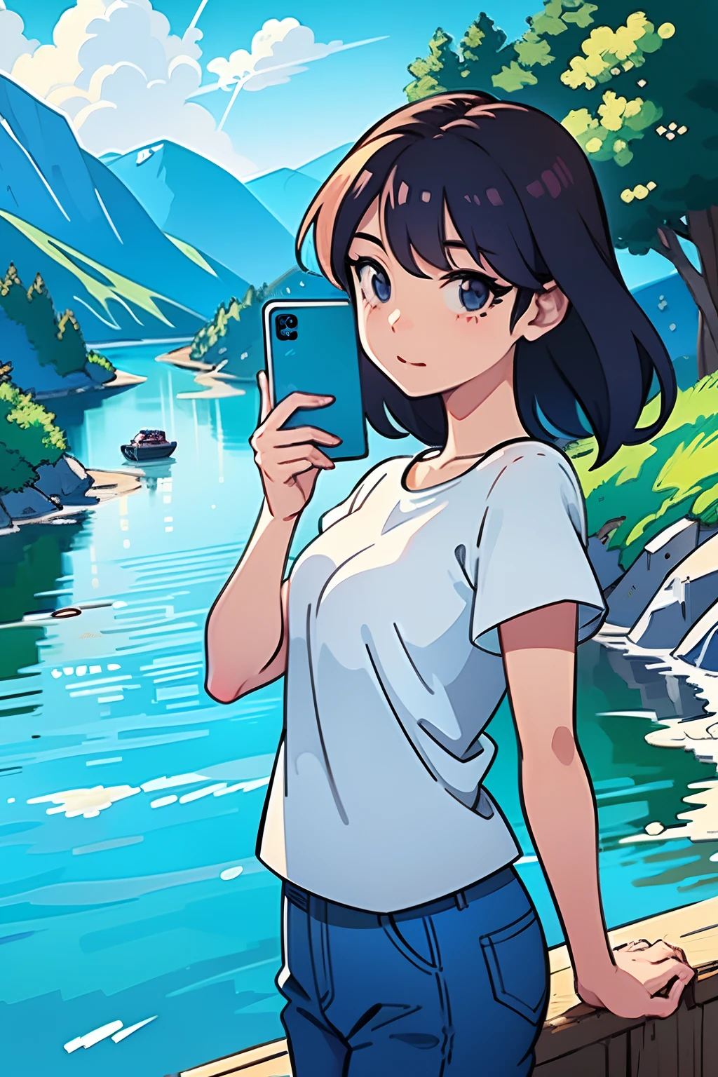 anime girl taking a picture of herself with her phone, lofi girl, digital anime illustration, in anime style, anime art style, anime style. 8k, anime artstyle, lofi portrait, in an anime style, flat anime style, anime style illustration, lofi artstyle, anime style mixed with fujifilm, anime vibes, anime-style