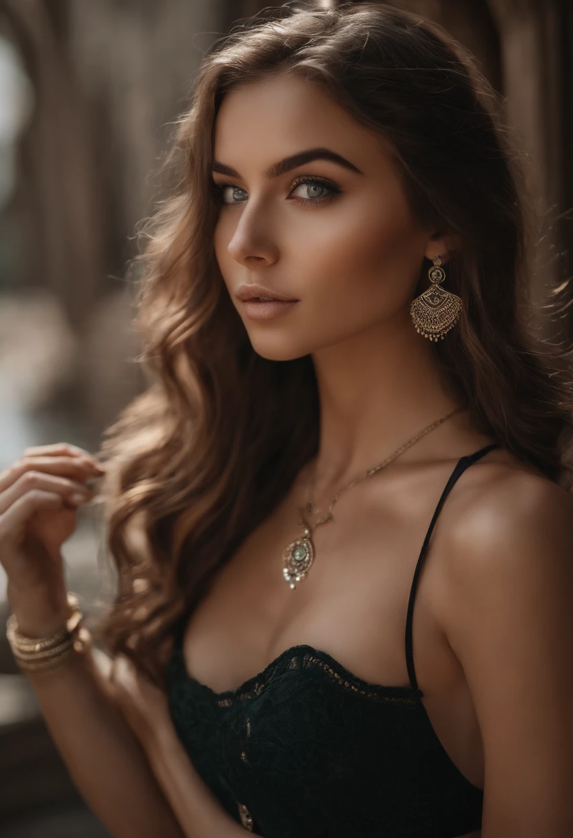 Dress like a fortune teller、Alafed woman with white tank top and necklace, Sexy girl with blue eyes, Portrait Sophie Mudd, light brown hair and big eyes, selfie of a young woman, Chamber Eye, Violet Myers, makeup-free, natural make up, looking straight at camera, Artgram Face, subtle makeup, Amazing full-body photos, Piercing Green Eyes, beautiful angle, Engaging pose, e litrl s, Sexy Pose, fullbody image, full body Esbian, full body photographed, brunette goddess, high detailing, Pose of Satisfaction, Leather pants