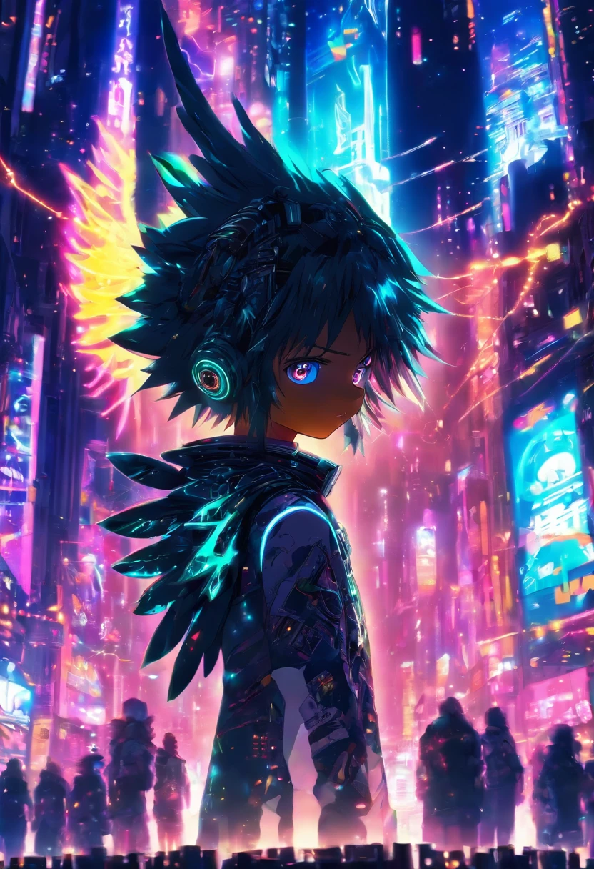 In Cyber punk city, a small boy standing in angle appearance having angle wings on his back and glowing ring over his head , his dress can reflect lights around, side portrait,half body, in crowd looking straight, Cyber punk city lighting in background, 3d anime, niji anime, detailed face, cute.