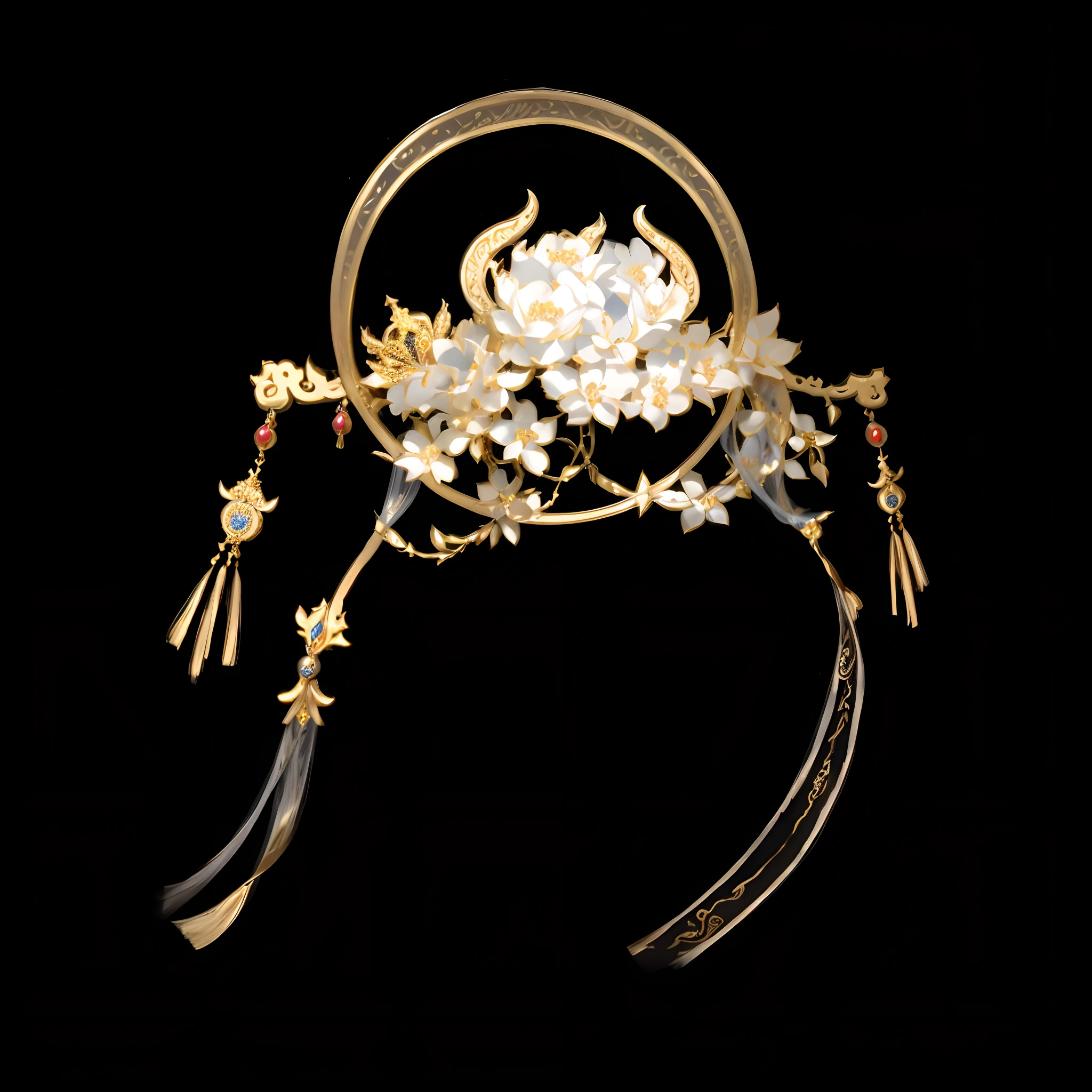 Superb details，delicated，ultraclear，Close-up of TIA with flowers and tassels, elaborate ornate head piece, intricate ornament halo, ornate headdress, Ancient sword, colonnade ornate headdress, ultra realistic fantasy tiara, ornate headdress, intricate gold headdress, ancient chinese ornate, headpiecehigh quality, Qing dynasty, ornate metal gold headpiece, intricate ornamented tiara