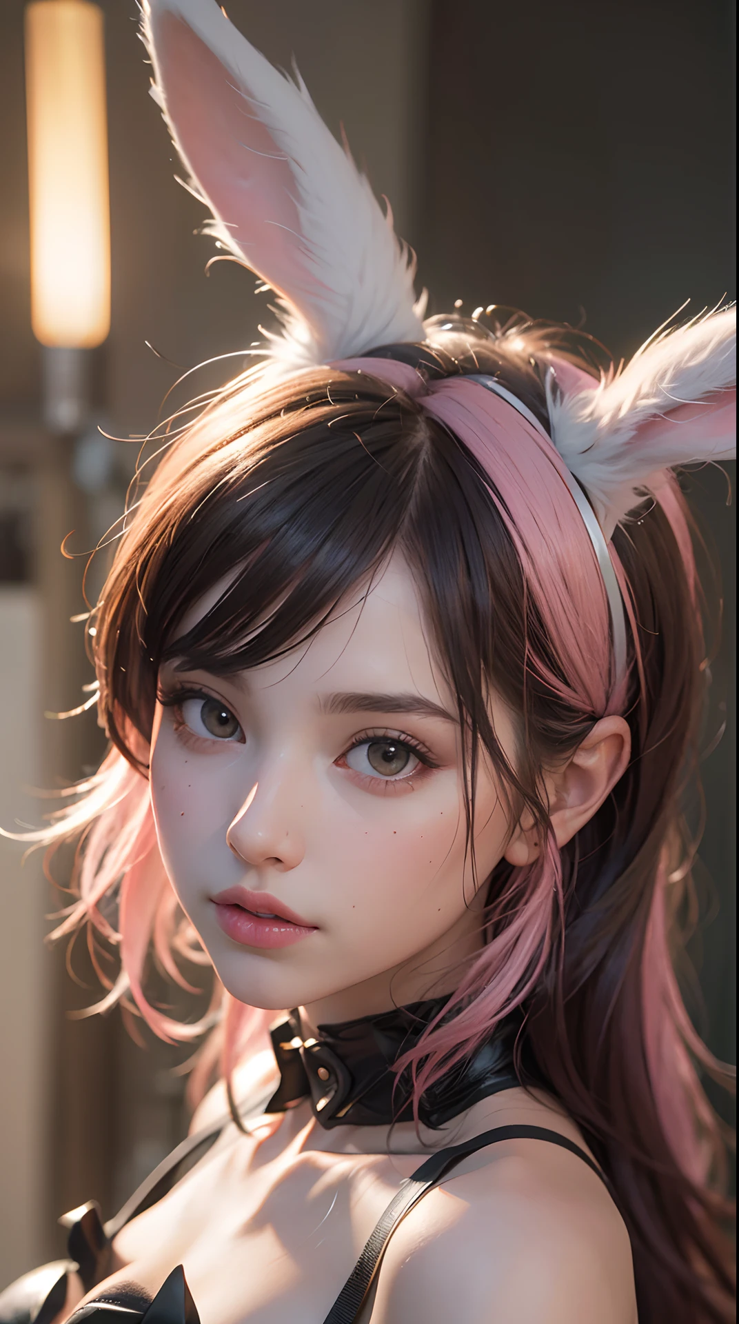 (best quality,4k,8k,highres,masterpiece:1.2), ultra-detailed, (realistic,photorealistic,photo-realistic:1.37), (Bunny girl woman:1.2), studio lighting, physically-based rendering, vivid colors, (Orange, black, pink),