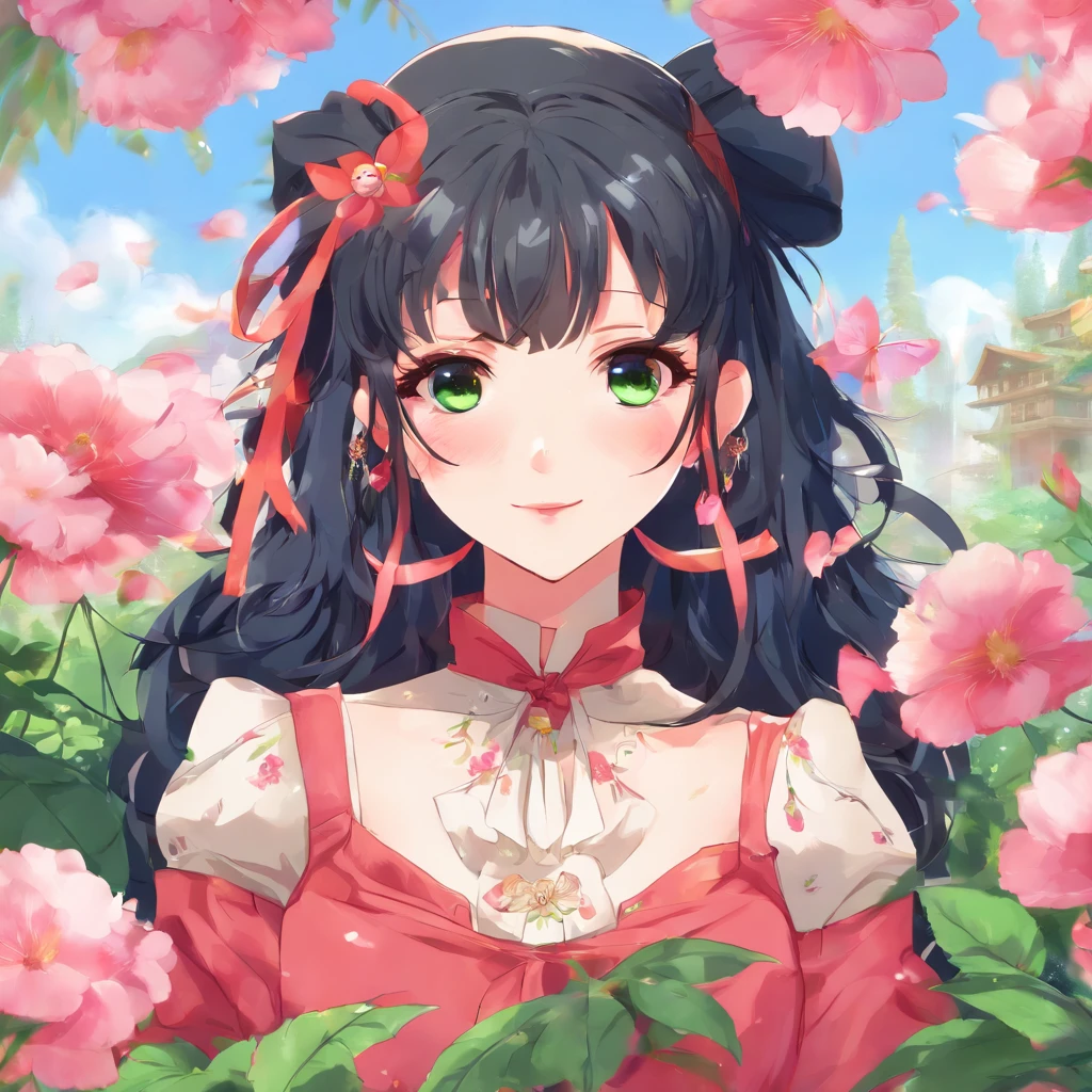 Anime girl with a black flower in her hair, beautiful anime portrait, Ethereal anime, Animated visual of a charismatic girl, Rigid Anime Illustration, Style anime. 8k, anime artstyle, Portrait de style anime, (anime girl), Ailes noires, ange, yeux rouges, Was, Realstic, sang, cheveux roux, Beau paysage, epic, 1fille, Masterpiece, fou, Yandere, Couleur brillante, black clothing