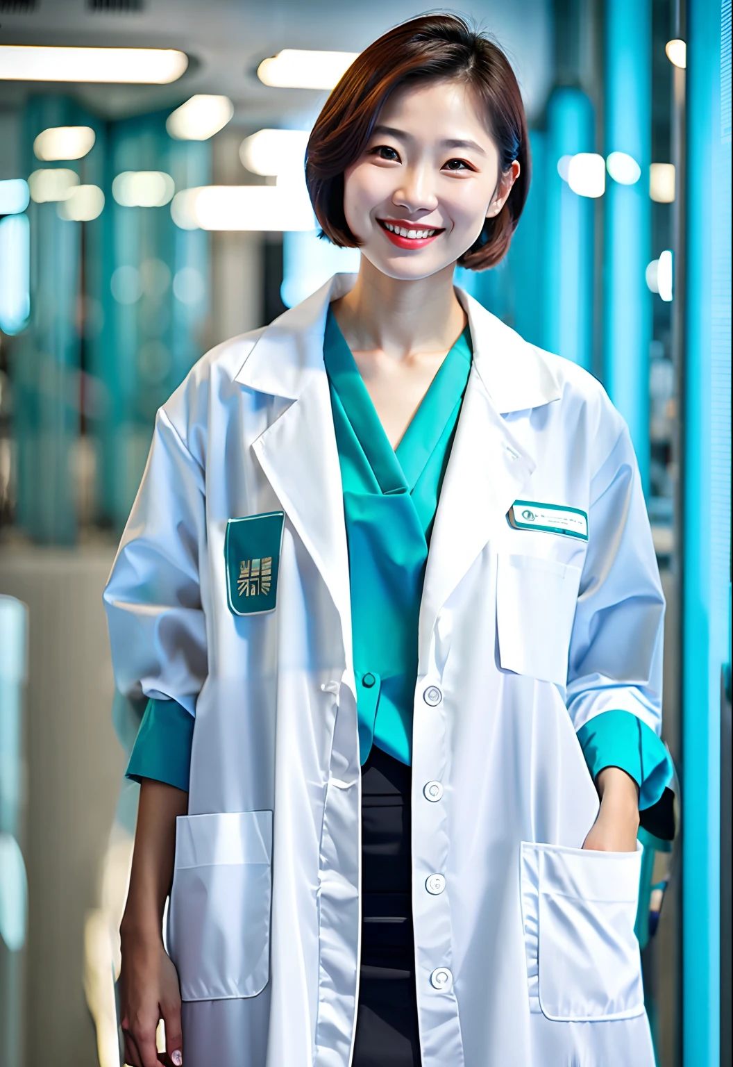 modern high-fashion trendy laboratory coat for female, teal shirt inside, black skirt