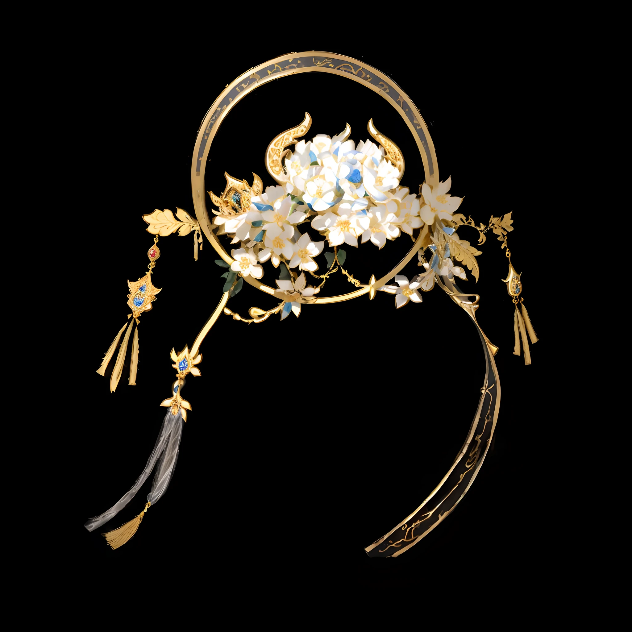 Superb details,delicated,ultraclear,Close-up of TIA with flowers and tassels, elaborate ornate head piece, intricate ornament halo, ornate headdress, Ancient sword, colonnade ornate headdress, ultra realistic fantasy tiara, ornate headdress, intricate gold headdress, ancient chinese ornate, headpiecehigh quality, Qing dynasty, ornate metal gold headpiece, intricate ornamented tiara