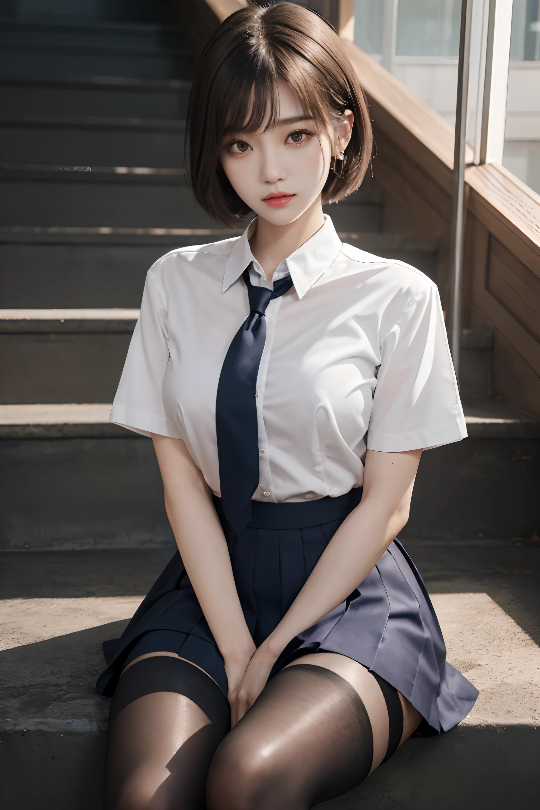 Korean School Uniform, Summer School Uniform Shirt, Ribbon Tie, Korean Student Skirt, School Classroom, School Stairs, Chest Lifting Pose, 8K RAW Photo, High Resolution,  Cool Korean, Very Big Round Breasts, Cleavage, Beautiful Eyes in Every Detail, Long Eyelashes, Beautiful Double Eyelids, Eye Shadow, Eyeliner, Cut Eyes, Elongated Eye Shape, Sanpaku Eyes, Evil Smile, Evil Expression, very small buttocks, beautiful very thin legs, beautiful very thin thighs, random short hair, hair tied behind the head, earrings, bright blonde,