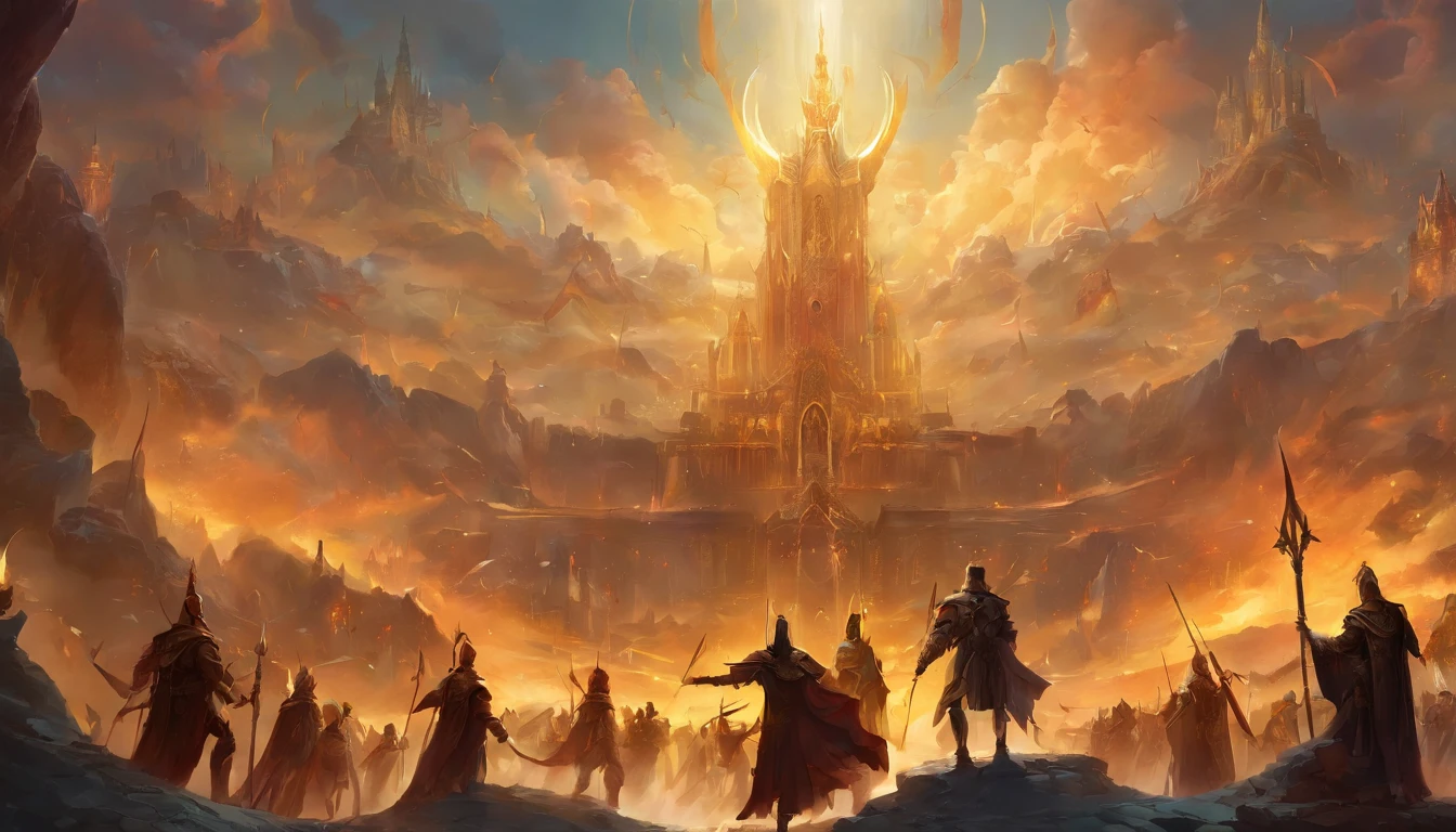 A vast army of manly archangels, com grandes asas de fogo, empunhando espadas, vestindo armadura dourada com detalhes pretos e dispostos em fileiras, alta qualidade,8k