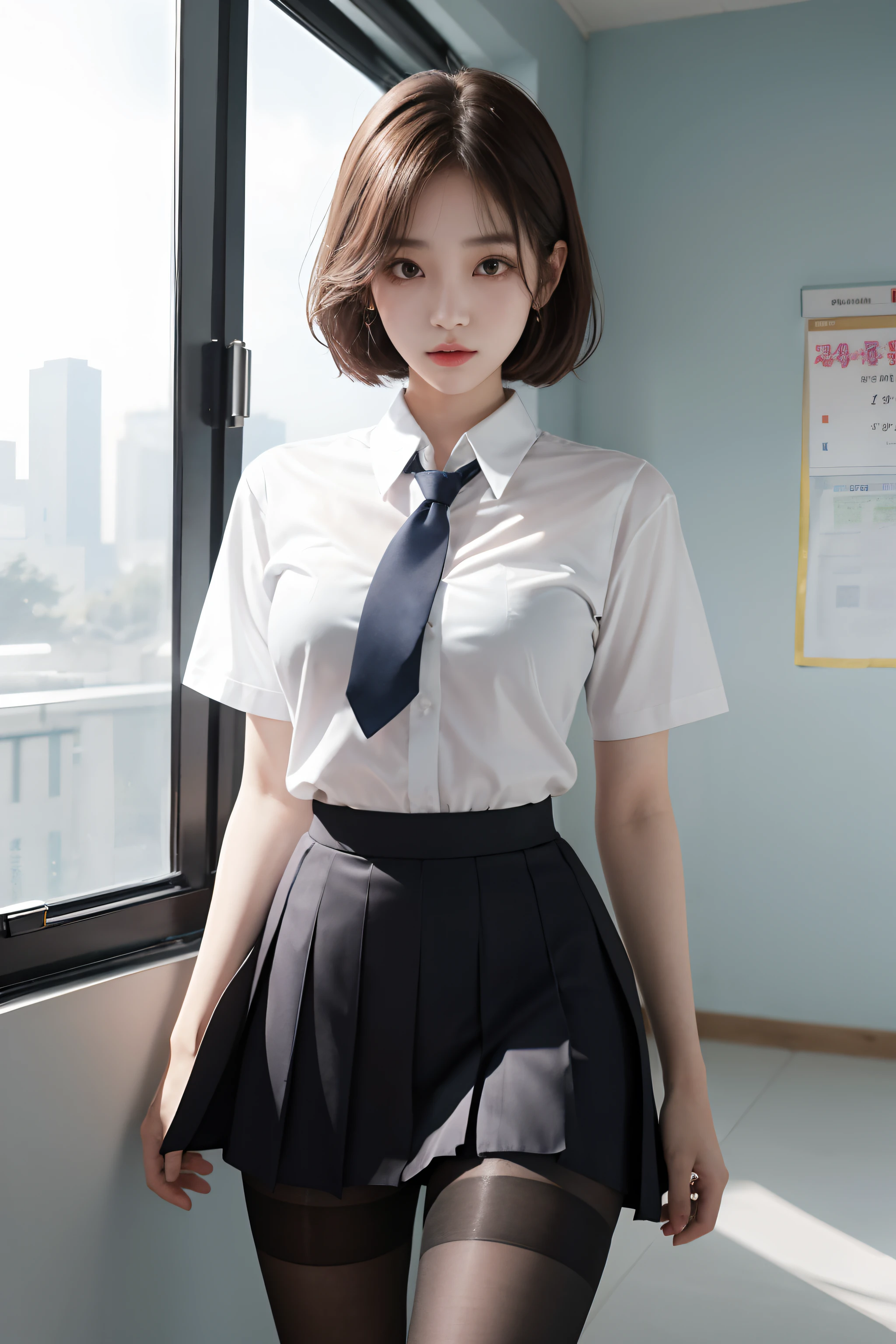 8K RAW photos, high resolution, 21 year old cool Korean, big round breasts, school uniform, tie, tie ribbon, blazer, skirt, beautiful eyes in detail, long eyelashes, beautiful double eyelids, eye shadow, slit eyes, sanpaku eyes, dark eye makeup, evil smile, beautiful thin legs, short hair tied at the back, earrings, school staff room