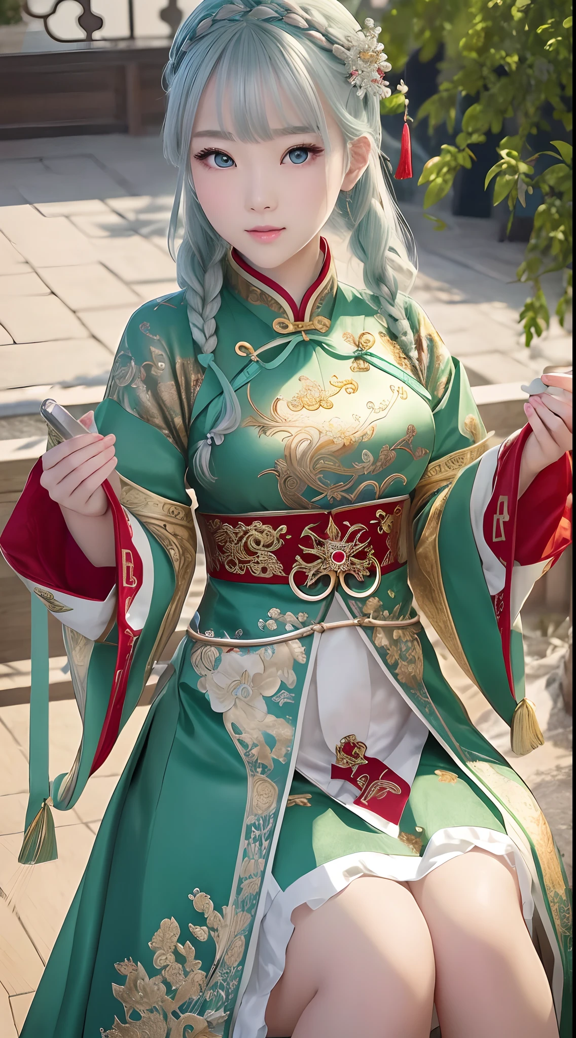 Chinese girls are very pretty。Has green eyes、Wearing flashy national costumes、Silver-haired braid、Wearing a lot of ornaments、Royal Girl、