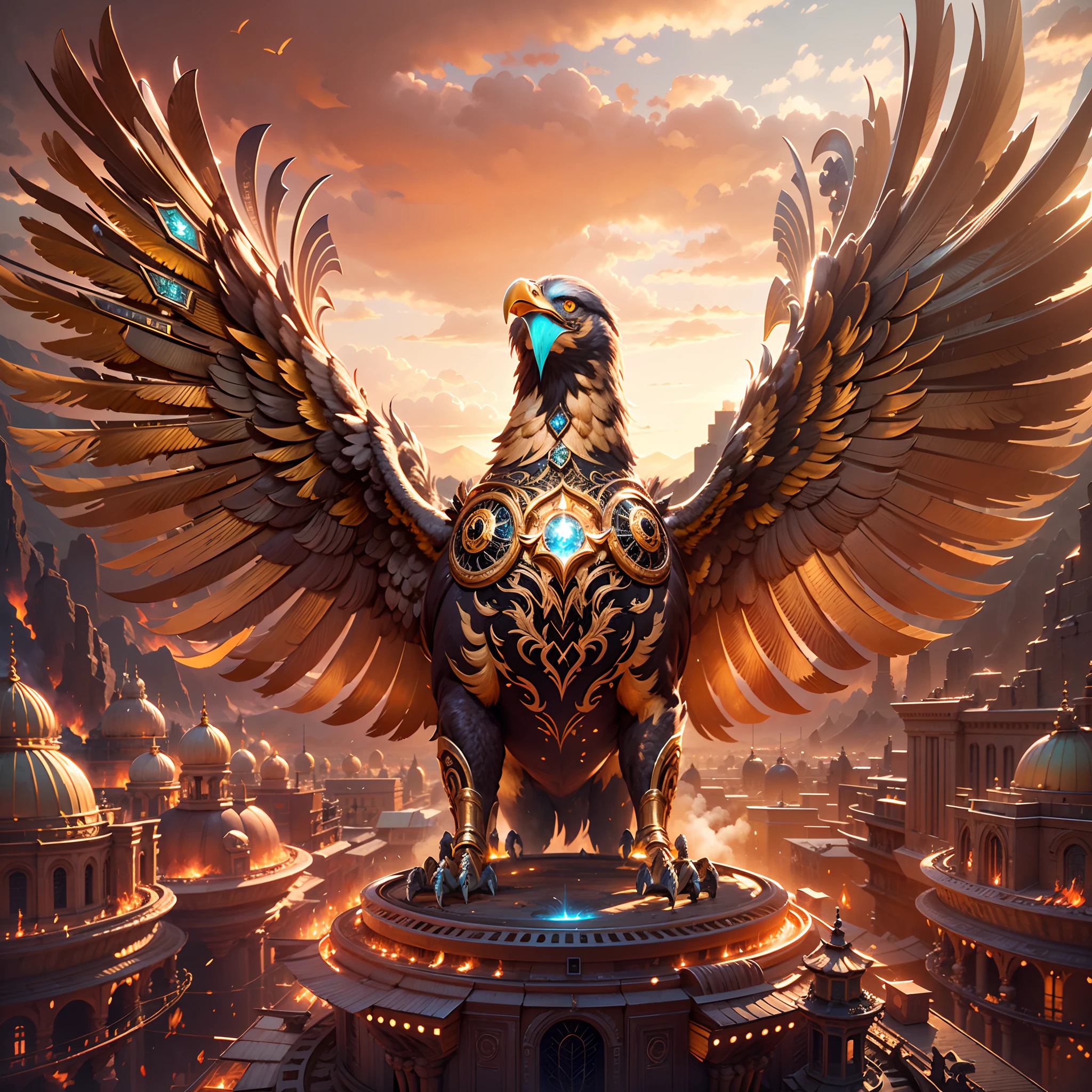 in a panoramic view，photorealestic，Giant golden mechanical eagle in flight，Whole body gold modular assembly，It features charming Ottoman decorative motifs，Luxury gemstones，High-tech machine wings，Jet propulsion，Decorated with diamonds，The huge wings are densely covered with extravagant ornaments，Huge mechanical eagle，Fly over the desert sky，Spit fire into the ground，firing laser，Let the ground be in flames and ruins，Perfectcomposition，the detail，The light and shadow work best，HighestQuali，This CG-rendered realistic painting gives a grand scene and visual impact，Let the viewer feel a wonderful and magnificent sci-fi world。Epic，detail-rich，It forms a spectacular sight，Use Pixai to bring powerful AI models to life, Show the limitless creativity and possibilities of our imagination. Experience the future of the cityscape at Pixai，Immerse yourself in a visionary world of art，the detail, Masterpiece, Best quality, 8K, (Oily skin, cell-shaded:1.3), line art in colour, (The art of Maciej Cuciara:1.15), art of greg rutkowski，Intricate details, finetextures, Surreal，Perfectcomposition，A detailed，Cinematic texture，realisticlying，photorealestic，HighestQuali，，Version tone mapping， highly  detailed， Smoothness， Sharp focus， Beautiful illustration， Epic effect，photore， The light from the back window is backlighted， 动态照明， Mist， 复杂， filmgrain， professinal，，Volumetriclighting， subsurfacescattering， Good highlights， Good shadows， cinematic ligh，Beautiful studio soft light，rim-light，ellegance，beatiful background，rendering by octane，HR Giger style，8K，top Quority，tmasterpiece，illustratio，smooth and beautiful，highly  detailed，CG wallpaper，（realisticlying，Fidelity：1.37），outstanding，Exquisite details，tmasterpiece