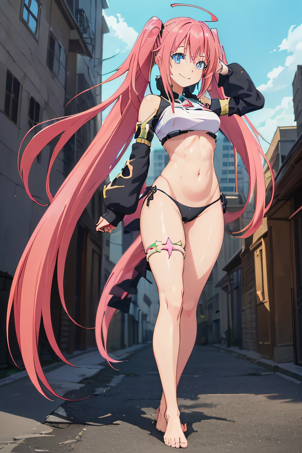 1Woman、(Milim Nava of Tensura), When reincarnated, I was a slime character(naked girl）、masterpiece、superior quality、accurate、animesque、child Demon King、Aimei、beautiful and detailed blue eyes、pink hair、(tail twin, embarrassed, devilish smile, seductive smile), very short black bikini、medium breasts、True to the original、((barefoot)), (muscular belly), ((beautiful muscular legs)), ((thick legs)), in city ​​completely destroyed, the sky is red, (((standing))), ((full body photo looking at me)))