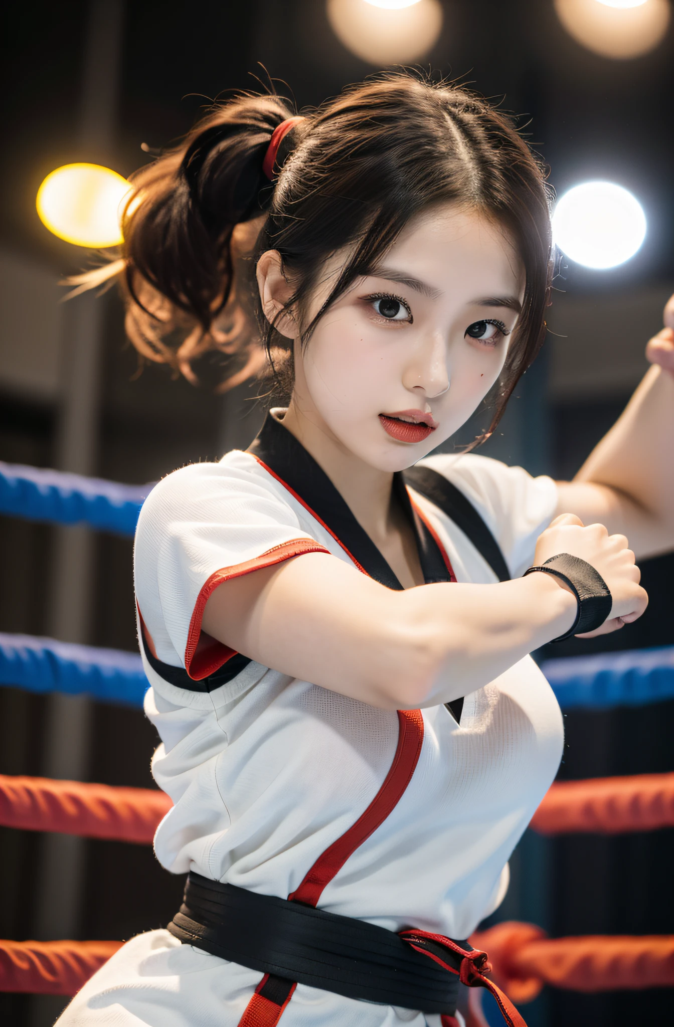 Content: Solo Idol, Eri Kamei from Morning Musume, Dressed as a karate player, In karate uniforms, Black belt, Showing off a cute and beautiful figure in the form of big breasts. She is engaged in a sparring match with another karateka, Emphasis on serious facial expressions and dynamic movements.
Medium: Photography.
Style: Ultra-realistic, High contrast, nffsw, Vivid and rich colors.
Lighting: Shine a strong spotlight on a subject with a slight shadow behind it, Highlight the intensity of the match.
Colors: Natural tones centered on the white of the karate uniform and the deep black of the belt.
Composition: Canon EOS 5D Mark IV DSLR Camera, EF 85mm f/1.8 STM lens, Resolution 30.4 megapixels, ISO sensit: 100, Shutter Speed 1/125 sec, Depth of field to capture every detail of the action.
--ar 16:9 - V5.1 --Style raw --Q 2 --S 750