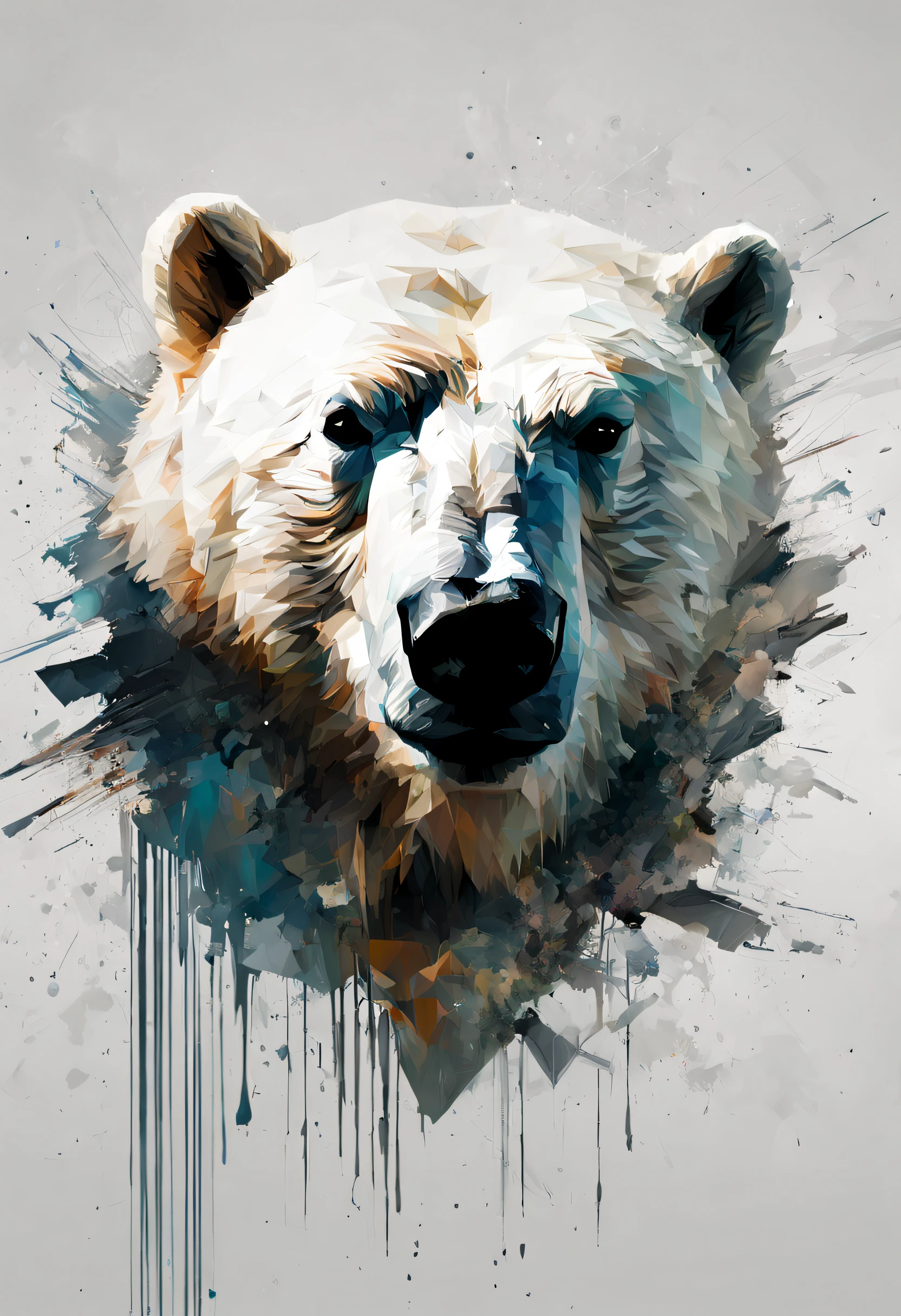 Ultra-realistic poster of polar bear head by Daniel Castan :: Carne Griffiths :: Andreas Lee :: Russ Mills :: leonid afremov, Black background, Painting, Cinematic, 3d rendered, typographic,White background、polygon