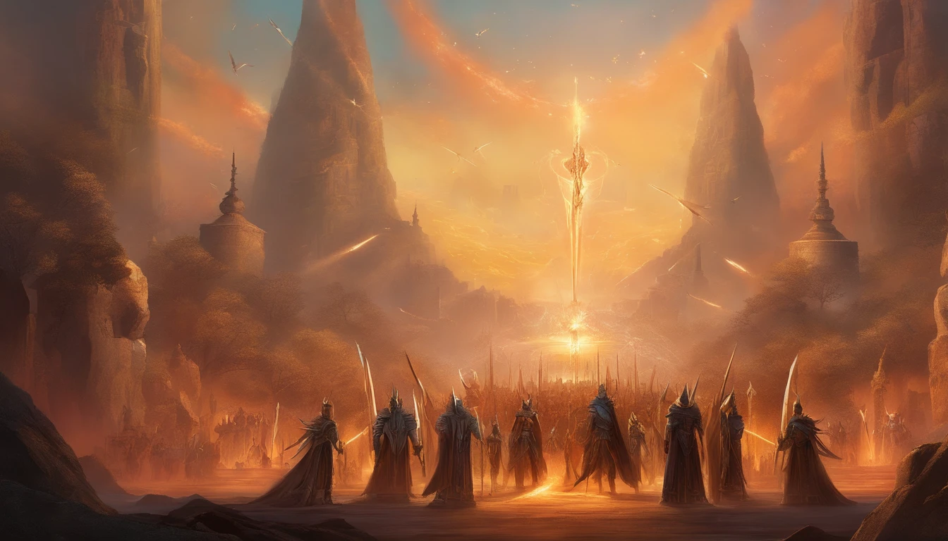 A vast army of manly archangels, com grandes asas de fogo, empunhando espadas, vestindo armadura dourada com detalhes pretos e dispostos em fileiras, alta qualidade,8k