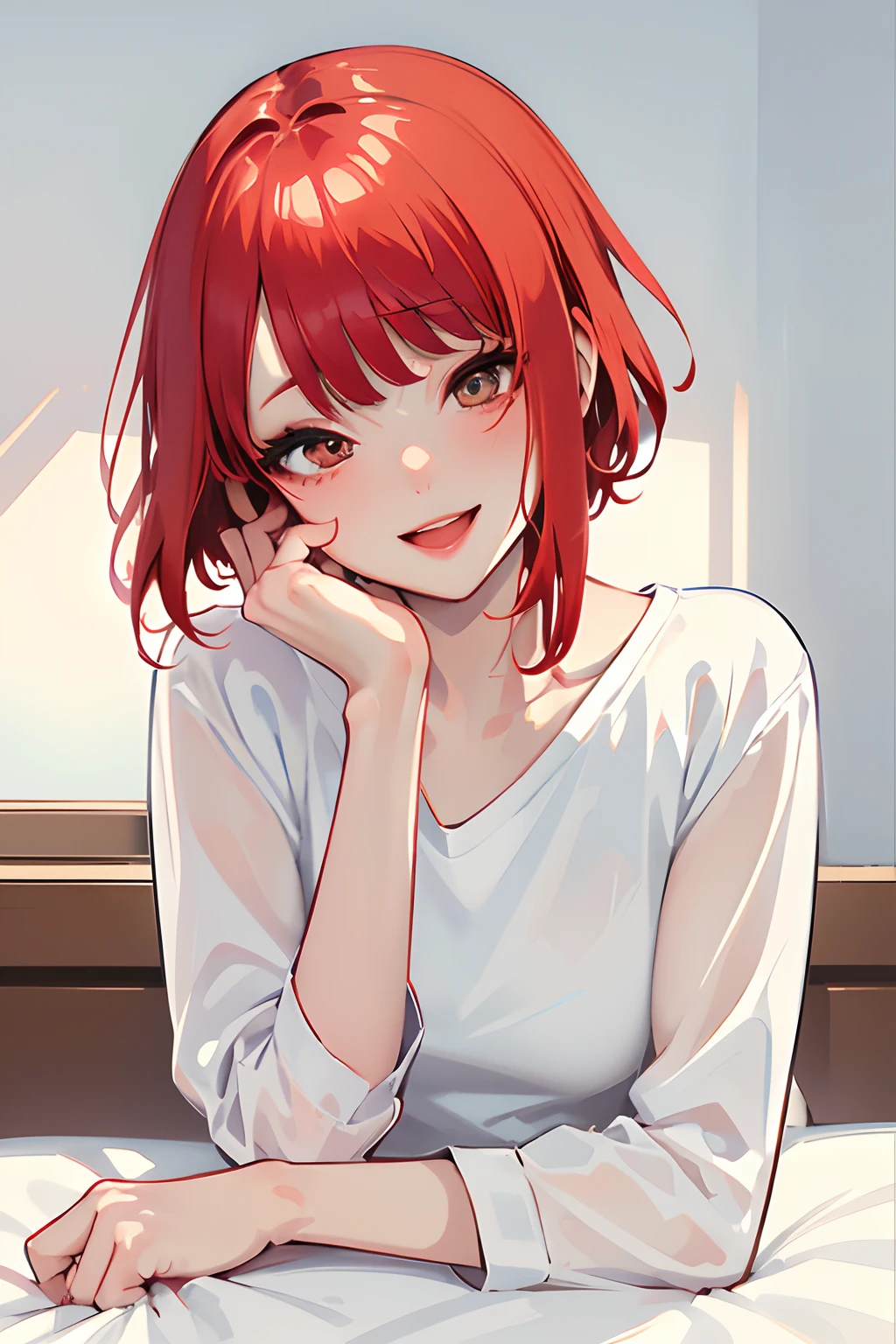 (Best quality, Masterpiece:1.2), Ultra-detailed, Pisipf, 1 girl, Musical solo, Browse the viewer, shirt, Intriguing smile, Reddening cheeks, White canvas, White short-sleeved shirt, Short hair, Simple background, bangs, Red hair, :D Lie all over the bed