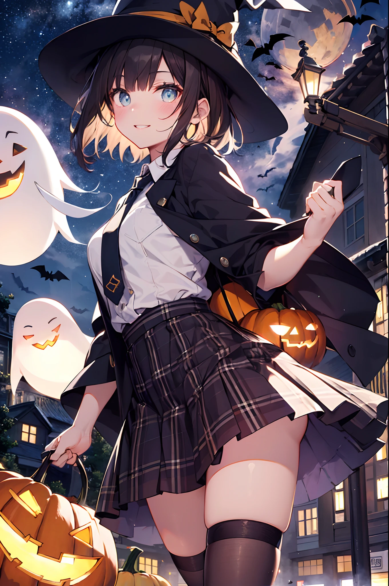(top-quality、in 8K、32K、​masterpiece、nffsw、超A high resolution、Impresionismo、Photorealsitic:1.2)、cowboy  shot、foco nítido、detailed faces and eyes、(Tokyo at night、Halloween Decorations、The ghost is flying、Ghost pumpkin、Very colorful、Vivid Color:1.2)、(Very colorful night sky、Colorful ghosts flying in the sky)、Sharp pupils、Realistic pupils、beauitful face、blurry backround、18 year old beautiful girl、shinny skin、Bery short hair、Beautiful dark brown hair、Blunt bangs、Dark blue eyes、Wizard Hat、cloaks、Shirt、Halloween tie、Plaid miniskirt、Black socks、(Holding a skirt in your right hand、Lifting skirt、White panties are visible:1.3)、(Raise your left arm)、(Happy expression on face:1.2)、dynamicposes、Postcard style