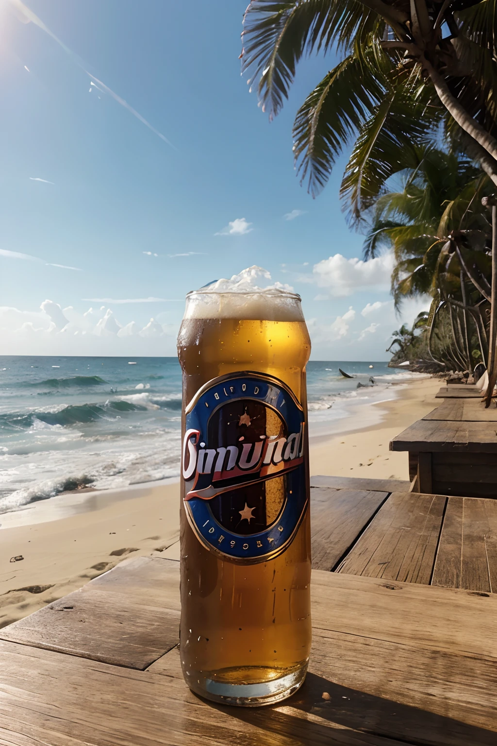 uma garrafa bem pequena de cerveja long neck, On wooden surface, foto ultra realista, advertising scene, ambiente de praia, warm ilumination.