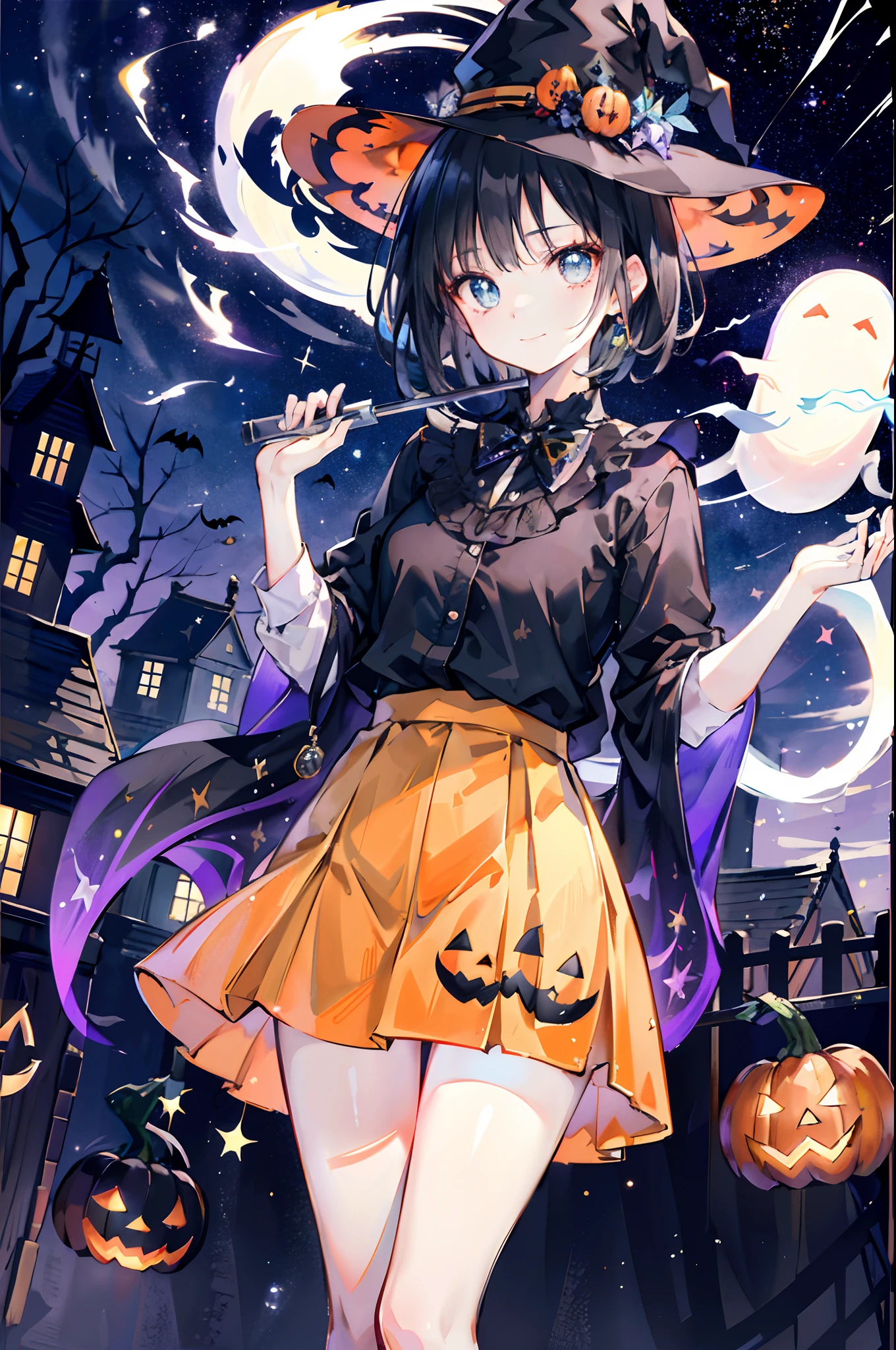 A woman in a witch costume holding a pumpkin and a ghost - SeaArt AI