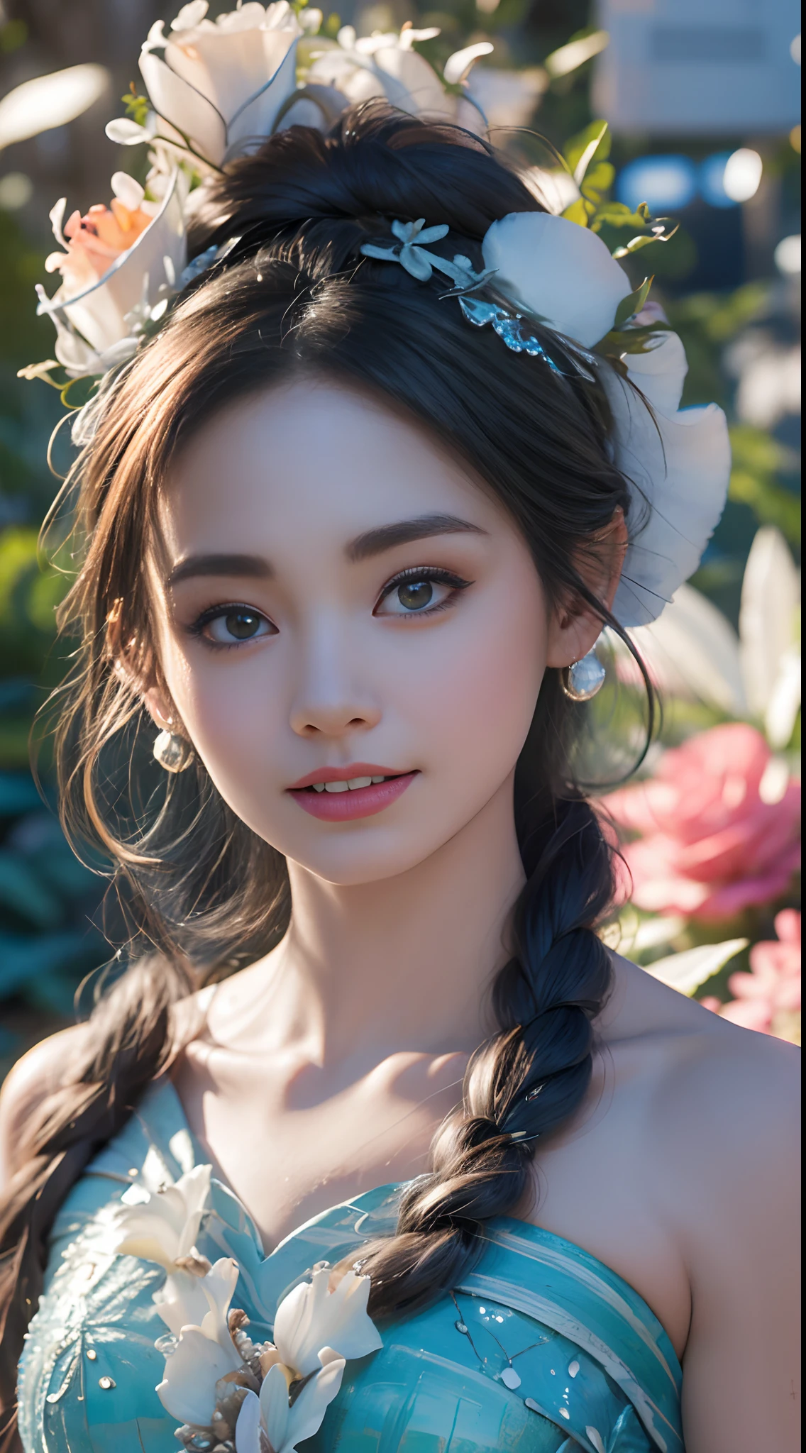 realista, Full length portrait of a girl, cuerpo perfecto, Pose profesional perfecta, 20 years old. Cabello azul musical, Hermosos ojos azules claros realistas; hermosos dientes blancos, sonrisa feliz, atractivo, Create the most beautiful perfect face in the world at large, pintado a mano, meticulosamente detallado, the highest picture quality, 3D 8K, piel blanca perfecta, hermoso aspecto, Multicolor Liquid Acrylic, Wet marble body, Michael Garmash, Daniel F. Gerhartz, cinematic lighting, escena de cascada, volumetric illumination, Arte limpio y suave, Aventura pulpa suave , Patrones ornamentados, Stylish Organic Frames, surrealismo, Colecciones de obras maestras, colores realistas, Ley Gouache. the highest picture quality, More detailed 8K.motor irreal:1.4,UHD,La mejor calidad:1.4, fotorrealista:1.4, textura de la piel:1.4, obra maestra:1.8,obra-prima, mejor calidad,(manos:1.4),objeto Objeto], (detailed face features:1.3),((Moana Disney:1.4)),(isla mar dentro del agua peces:1.4)