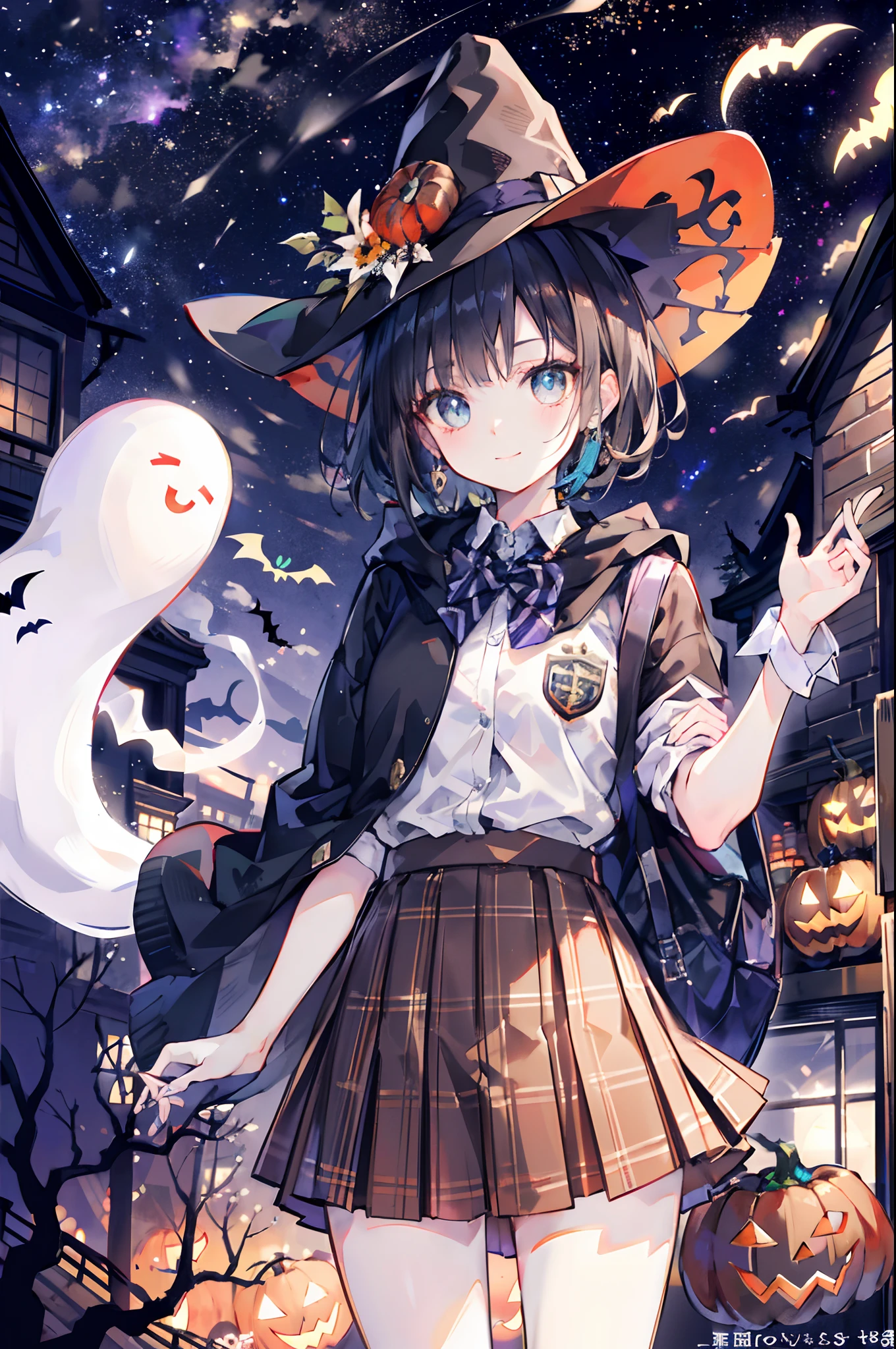 (top-quality、in 8K、32K、​masterpiece、nffsw、超A high resolution、Impresionismo、Photorealsitic:1.2)、cowboy  shot、foco nítido、detailed faces and eyes、(Tokyo at night、Halloween Decorations、The ghost is flying、Ghost pumpkin、Very colorful、Brightly colored sky:1.2)、(Very colorful night sky、Colorful ghosts flying in the sky)、Sharp pupils、Realistic pupils、beauitful face、blurry backround、18 year old beautiful girl、shinny skin、Bery short hair、Beautiful dark brown hair、Blunt bangs、Dark blue eyes、Wizard Hat、cloaks、Shirt、Halloween tie、Plaid miniskirt、Black socks、(Holding a skirt in your right hand、Lifting skirt:1.3)、(Raise your left arm)、(Happy expression on face:1.2)、dynamicposes