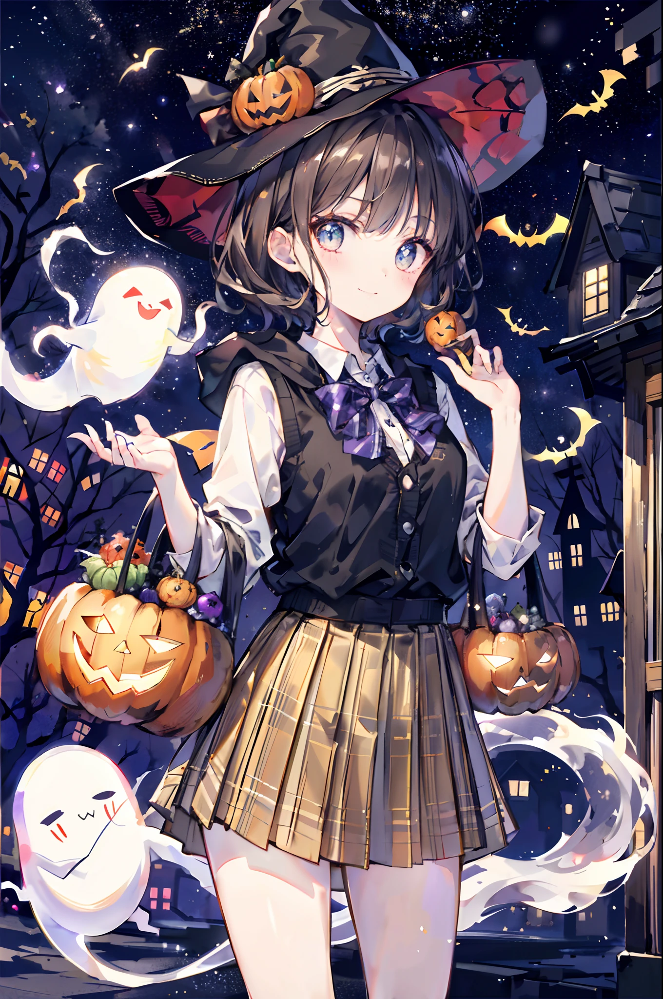 (top-quality、in 8K、32K、masterpiece、nffsw、超A high resolution、Impresionismo、Photorealsitic:1.2)、cowboy shot、foco nítido、detailed faces and eyes、(Tokyo at night、Halloween Decorations、The ghost is flying、Ghost pumpkin、Very colorful、Brightly colored sky:1.2)、(Very colorful night sky、Colorful ghosts flying in the sky)、Sharp pupils、Realistic pupils、beauitful face、blurry backround、18 year old beautiful girl、shinny skin、Bery short hair、Beautiful dark brown hair、Blunt bangs、Dark blue eyes、Wizard Hat、cloaks、Shirt、Halloween tie、Plaid miniskirt、Black socks、(Holding a skirt in your right hand、Lifting skirt:1.3)、(Raise your left arm)、(Happy expression on face:1.2)、dynamicposes