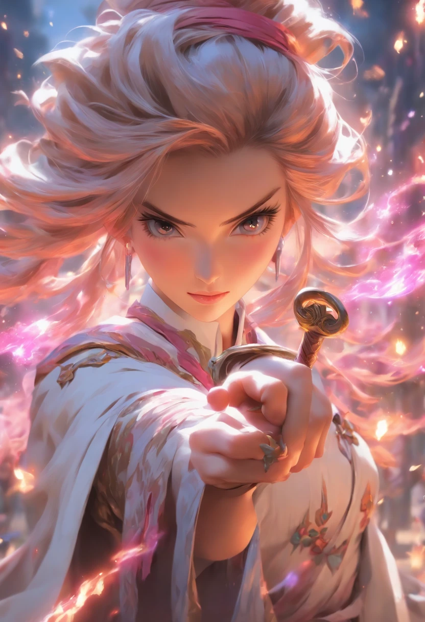 Close-up of a woman in a white dress holding a knife, a character portrait by Yang J, trending on CGsociety, fantasy art, beautiful character painting, Works in the style of Goofiz, Gubiz, white Hanfu, Flowing white robe, Telegraph Wuxia, epic exquisite character art, stunning character art, Beautiful Female Assassin, Louise, Witch, Tsundere, Noble, Magical, Familiar, Academy, Saito, Explosion, Gandalfr, Void, Magic, Temperamental, Flame, Wand, Summon, Haughty, Partner, Zero, Love, Proud, Pink Hair, Staff, Conjuror, Relationship, Wizardry, Blush, Aristocrat, Prideful, Transform, Witchcraft, Devotion, Honor, Fireball, Runes, School, Bond, Tunic, Spells, Conflict, Tragic, Noblewoman, Magical Academy, Cheeky, Destiny, Aristocracy, Elegant, Transformation, Royal, Familiar Spirit, korean.