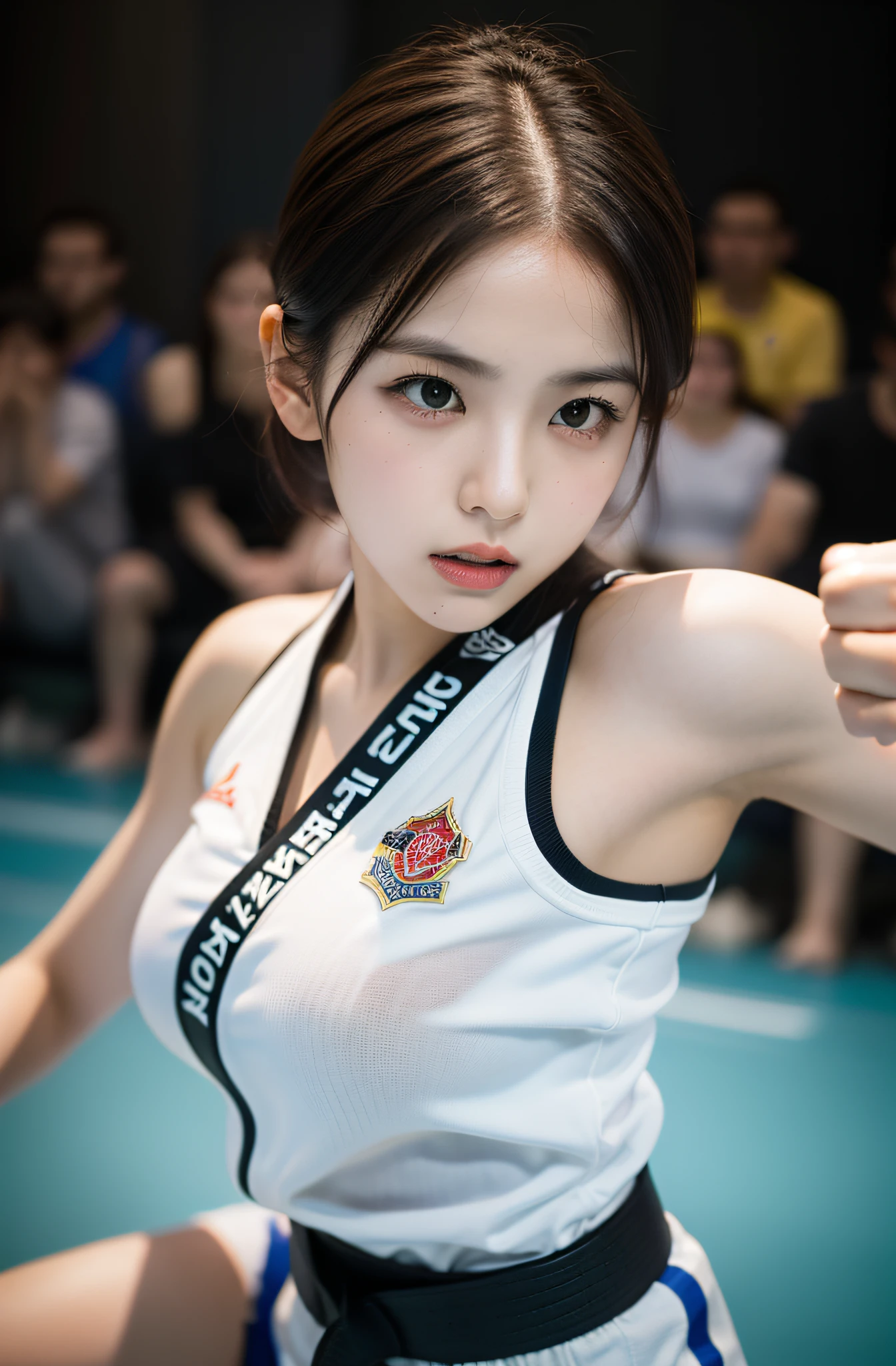 Content: Solo Idol, Eri Kamei from Morning Musume, Dressed as a karate player, In karate uniforms, Black belt, Showing off a cute and beautiful figure in the form of big breasts. She is engaged in a sparring match with another karateka, Emphasis on serious facial expressions and dynamic movements.
Medium: Photography.
Style: Ultra-realistic, High contrast, nffsw, Vivid and rich colors.
Lighting: Shine a strong spotlight on a subject with a slight shadow behind it, Highlight the intensity of the match.
Colors: Natural tones centered on the white of the karate uniform and the deep black of the belt.
Composition: Canon EOS 5D Mark IV DSLR Camera, EF 85mm f/1.8 STM lens, Resolution 30.4 megapixels, ISO sensit: 100, Shutter Speed 1/125 sec, Depth of field to capture every detail of the action.
--ar 16:9 - V5.1 --Style raw --Q 2 --S 750