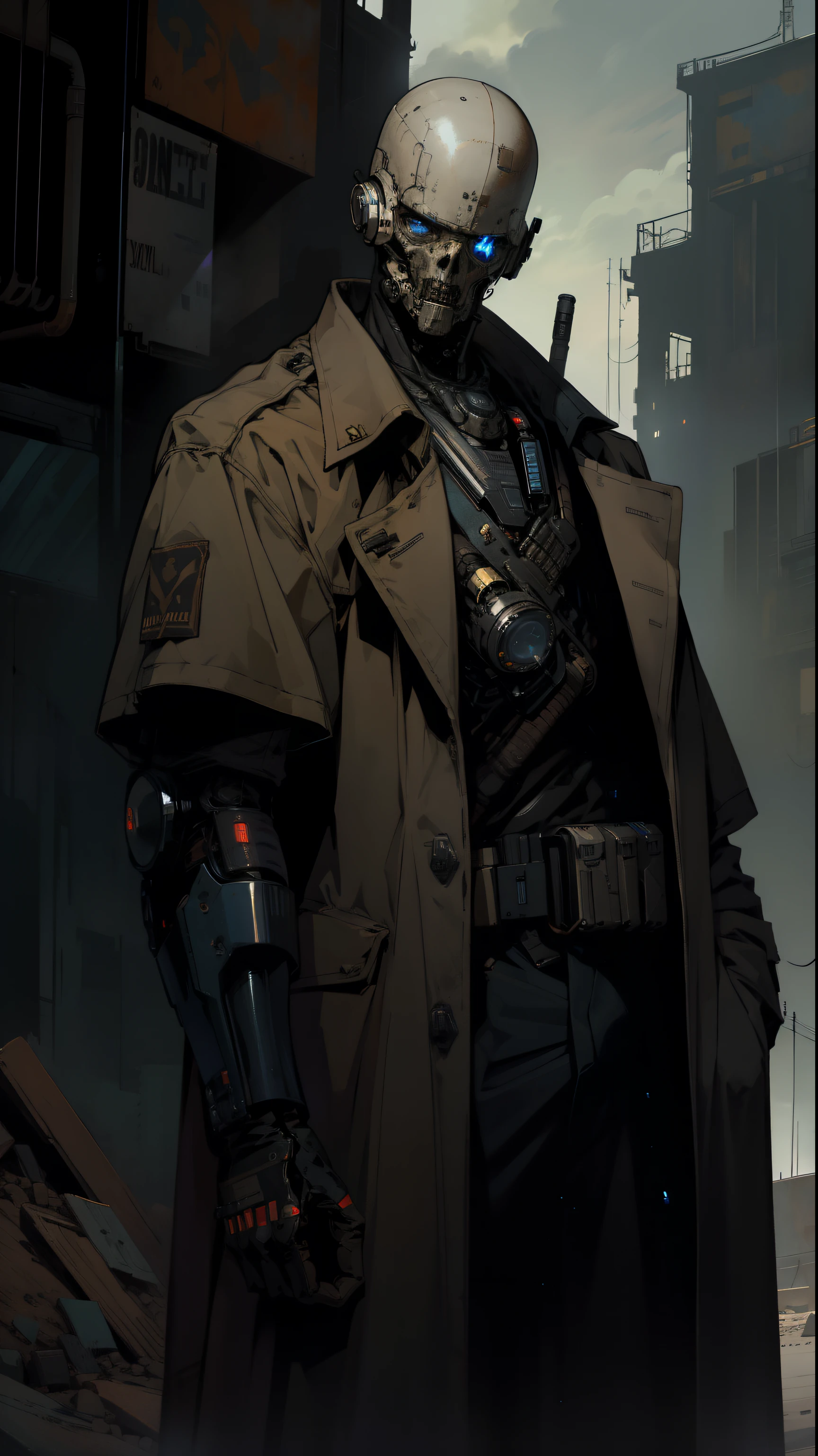 derpd, lethal bounty hunter cyborg wearing long cowboy trench coat, blue eyes,danger,post apocalypse, best quality, masterpiece, science-fiction,