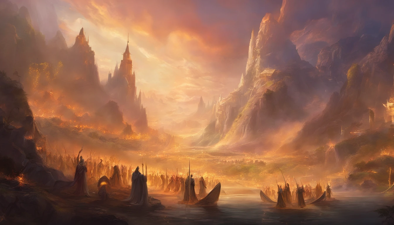 A vast army of manly archangels, com grandes asas de fogo, empunhando espadas, vestindo armadura dourada com detalhes pretos e dispostos em fileiras, alta qualidade,8k