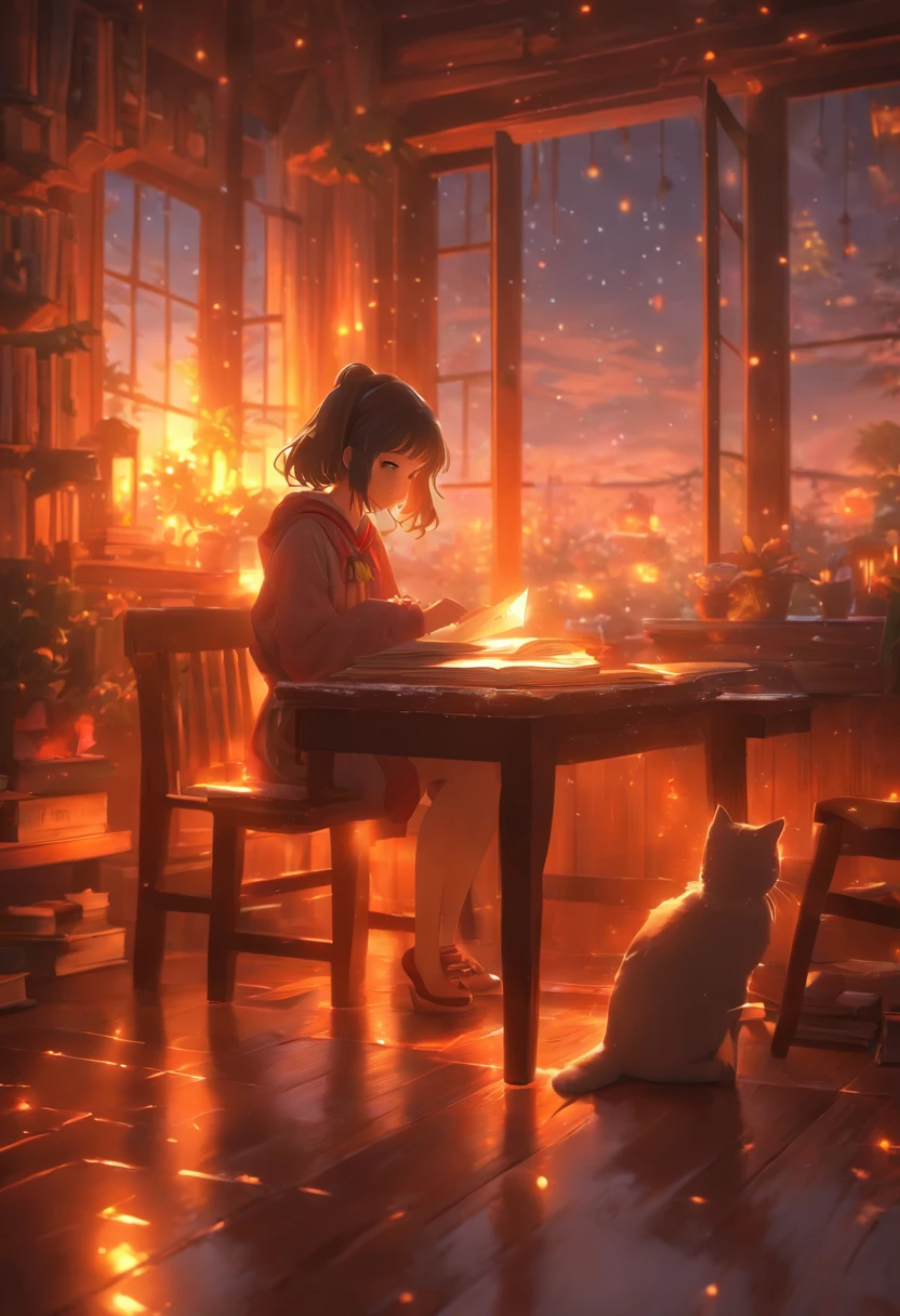 a girl studying at dusk, wooden floor with kitten on the table, eerie atmosphere, book movement, light "snow outside the window" falling, cinematic lighting, mystical, atmospheric, 3D rendering, high details, trends on ArtStation , 4K resolution, ultra-defined detailed pixel