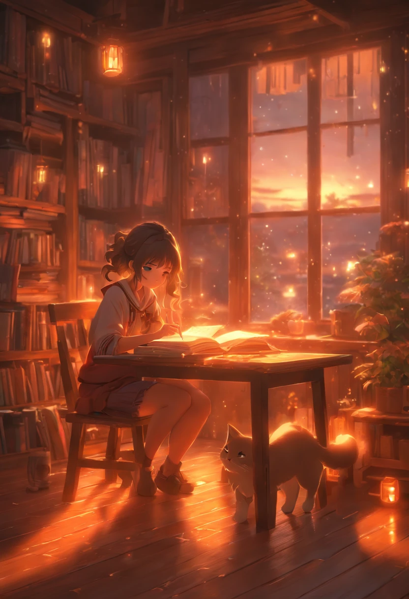 a girl studying at dusk, wooden floor with kitten on the table, eerie atmosphere, book movement, light "snow outside the window" falling, cinematic lighting, mystical, atmospheric, 3D rendering, high details, trends on ArtStation , 4K resolution, ultra-defined detailed pixel