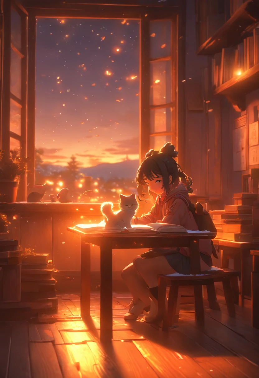a girl studying at dusk, wooden floor with kitten on the table, eerie atmosphere, book movement, light "snow outside the window" falling, cinematic lighting, mystical, atmospheric, 3D rendering, high details, trends on ArtStation , 4K resolution, ultra-defined detailed pixel