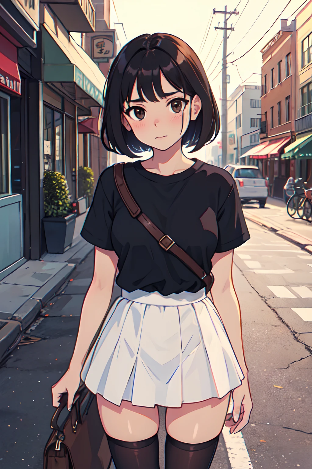 A girl is holding down the hem of her miniskirt so that her panties are not visible, her face looks embarrassed, on the street. cowboy shot, short bob, black hair, brown eyes,