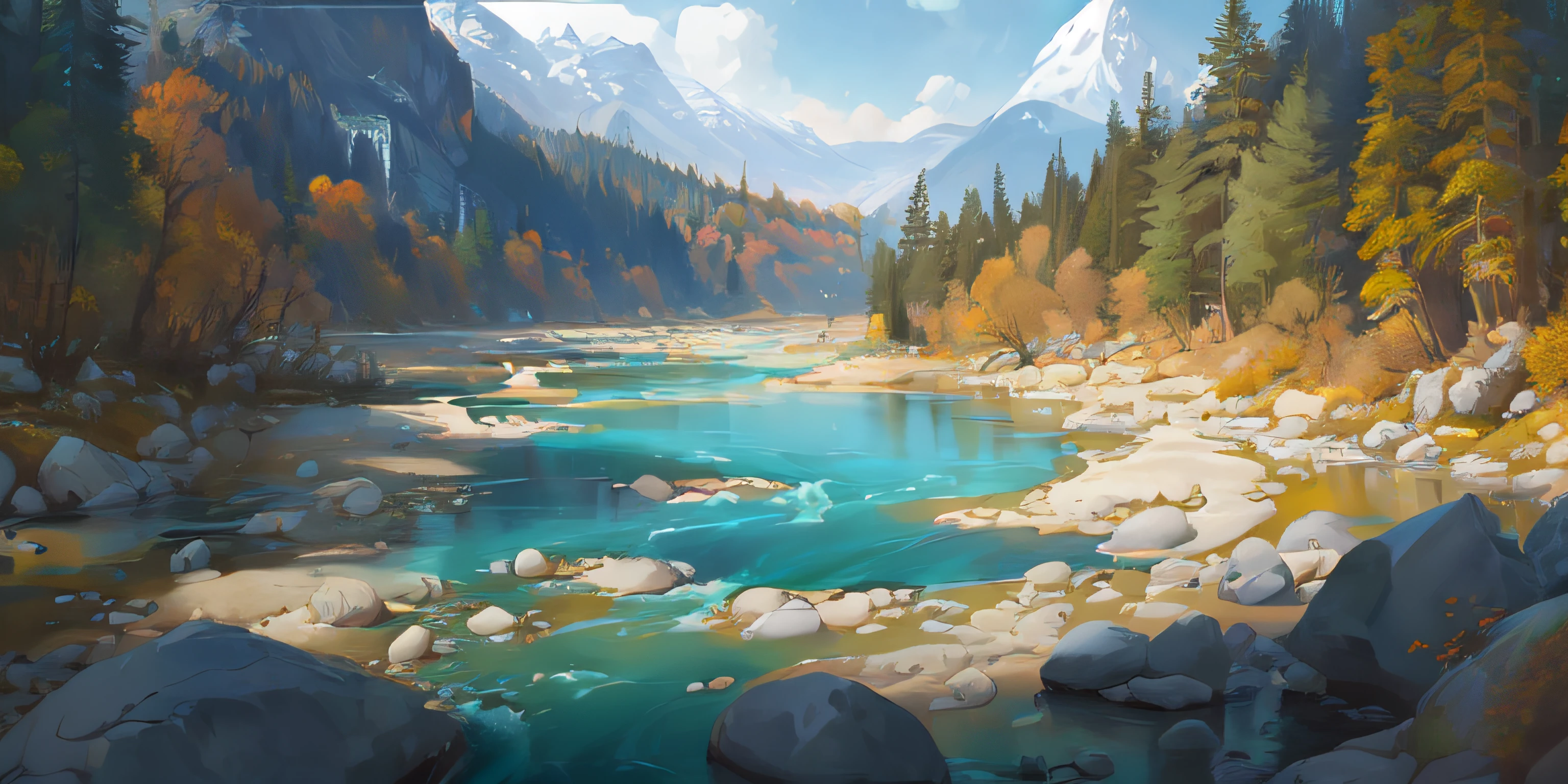 River painting with rocks and trees as background, ross tran. scenery background, digital painting concept art, environment painting, 8 k resolution digital painting, 8k resolution digital painting, 4 k digital painting, 4k digital painting, author:Alexander Jean, environment design illustration, Gorgeous digital painting, beautiful digital painting, environmentart, Detailed digital painting