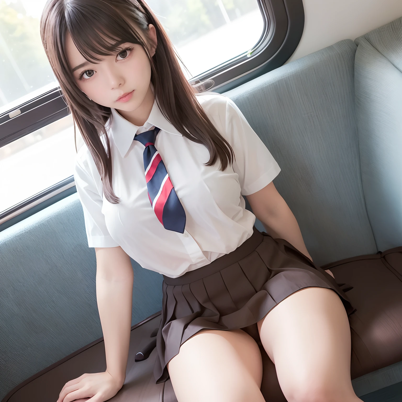 top-quality,ultra-detailliert,masterpiece,realisitic,Photo Real,Bright lighting,1 girl in, an extremely beautiful -yeld gi (kawaii:1.2),Thin smile, (Brown eyes),(brown haired),(bangss),perfect glossy skin,flawless skin,((erotick,Sexy and sexually explicit)),((accurate hands without incongruity)), large full breasts,big breasts thin waist, Look at viewers,((a sailor suit)),((Short sleeve uniform white shirt)),(red necktie),(Blue Mini Pleated Skirt),(((skirt lift by yourself))),(lifted by self),(Showing panties),panties on,panties focus,((Sit up,spread legswide)), sockes, (Black knee socks),(Loafer shoes), during daytime,On the train,Horizontal long seat with your back to the window