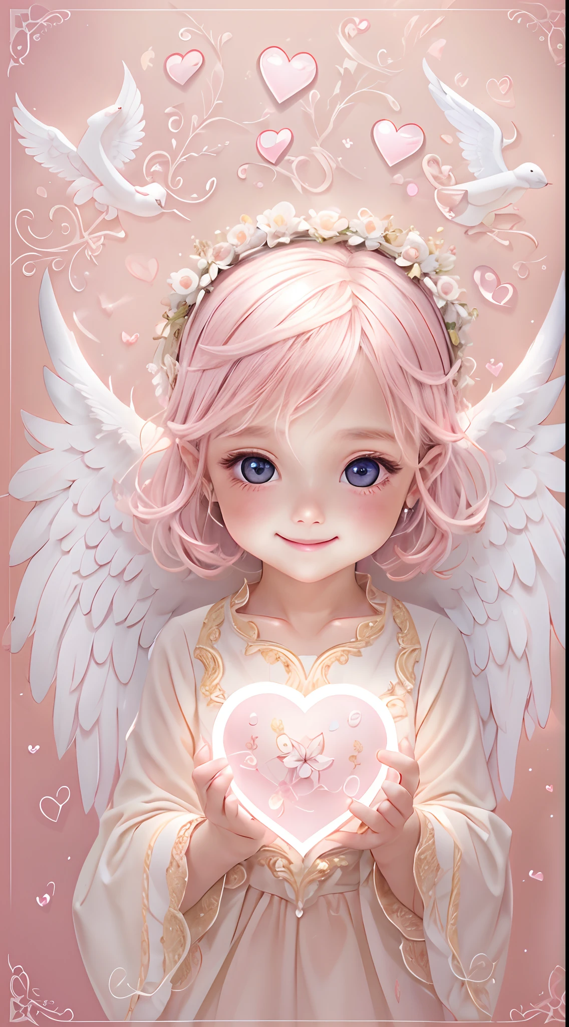 Blessings of Angels、Bright background、Holding a Pink Heart、tenderness、A smile、Gentle、 Angel、facing front、Looking at the camera、rome