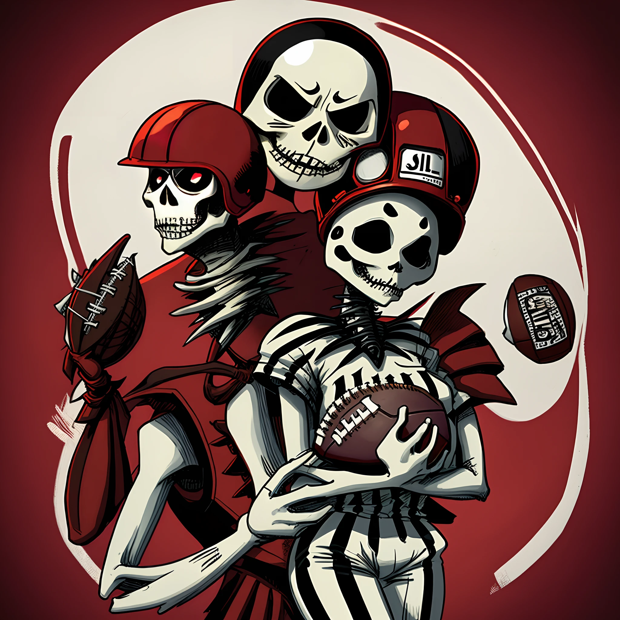 Jack and Sally Skellington in a Oklahoma Sooners jerseys holding a football and helmet