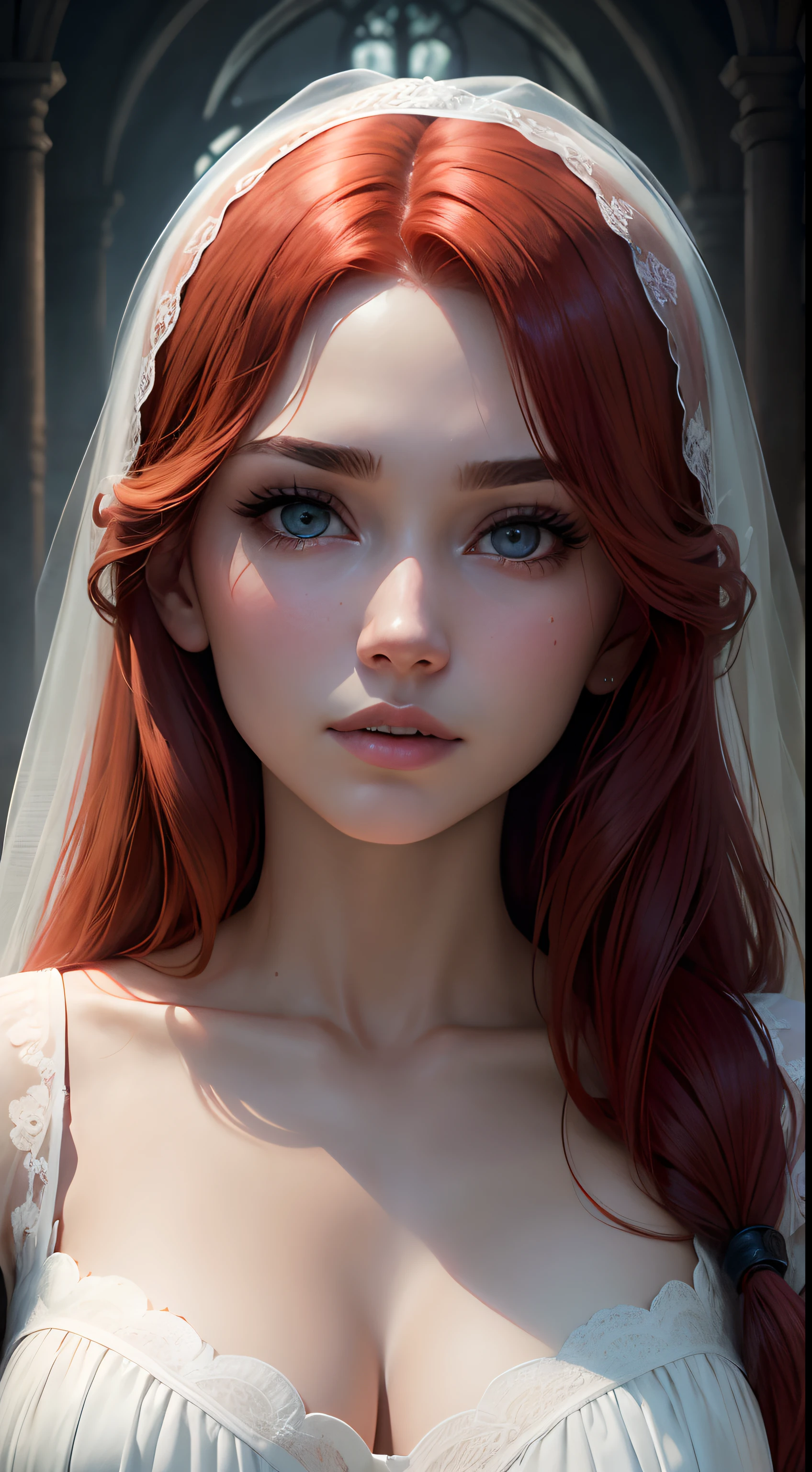Cinematic footage of Mario Bava's horror movie, Full Medium Close-up, Gorgeous 18-year-old woman resembling Bella Thorne, long red hair, soft pale skin, Pretty and young々Shishi Face, Well-defined eyebrows, Light blue eyes, delicate nose, plump round lips, Walk through the Gothic cemetery at night in a white wedding dress, Foggy and rainy conditions, Ghostly atmosphere, 1600s, (high skin detail: 1.2), Ultra-detailed, Photorealsitic, depth of fields, Cinematic lighting, IMAX Camera, nffsw, nffsw, Full-HD, 8K