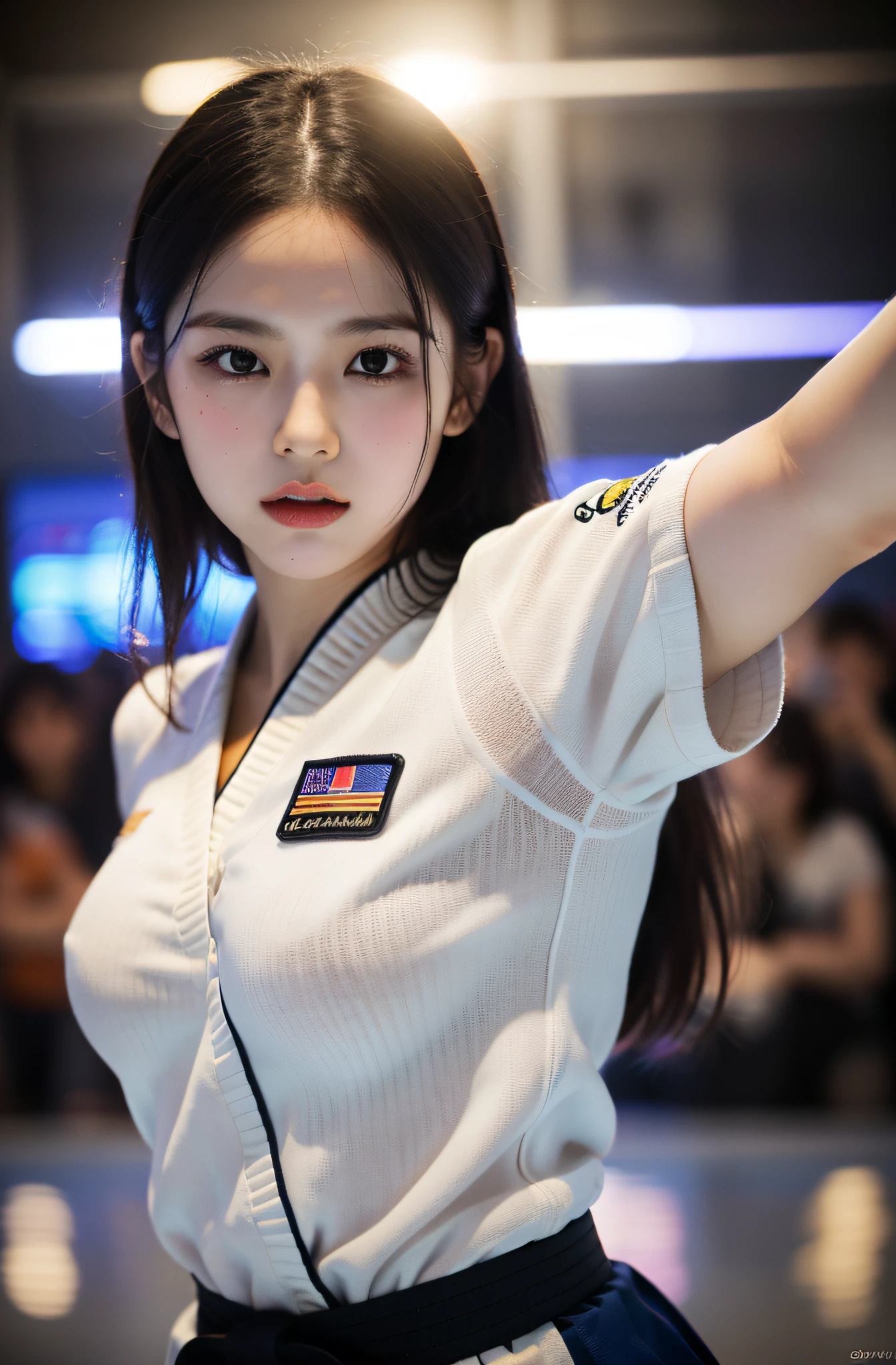 Content: Solo Idol, Eri Kamei from Morning Musume, Dressed as a karate player, In karate uniforms, Black belt, Showing off a cute and beautiful figure in the form of big breasts. She is engaged in a sparring match with another karateka, Emphasis on serious facial expressions and dynamic movements.
Medium: Photography.
Style: Ultra-realistic, High contrast, nffsw, Vivid and rich colors.
Lighting: Shine a strong spotlight on a subject with a slight shadow behind it, Highlight the intensity of the match.
Colors: Natural tones centered on the white of the karate uniform and the deep black of the belt.
Composition: Canon EOS 5D Mark IV DSLR Camera, EF 85mm f/1.8 STM lens, Resolution 30.4 megapixels, ISO sensit: 100, Shutter Speed 1/125 sec, Depth of field to capture every detail of the action.
--ar 16:9 - V5.1 --Style raw --Q 2 --S 750
