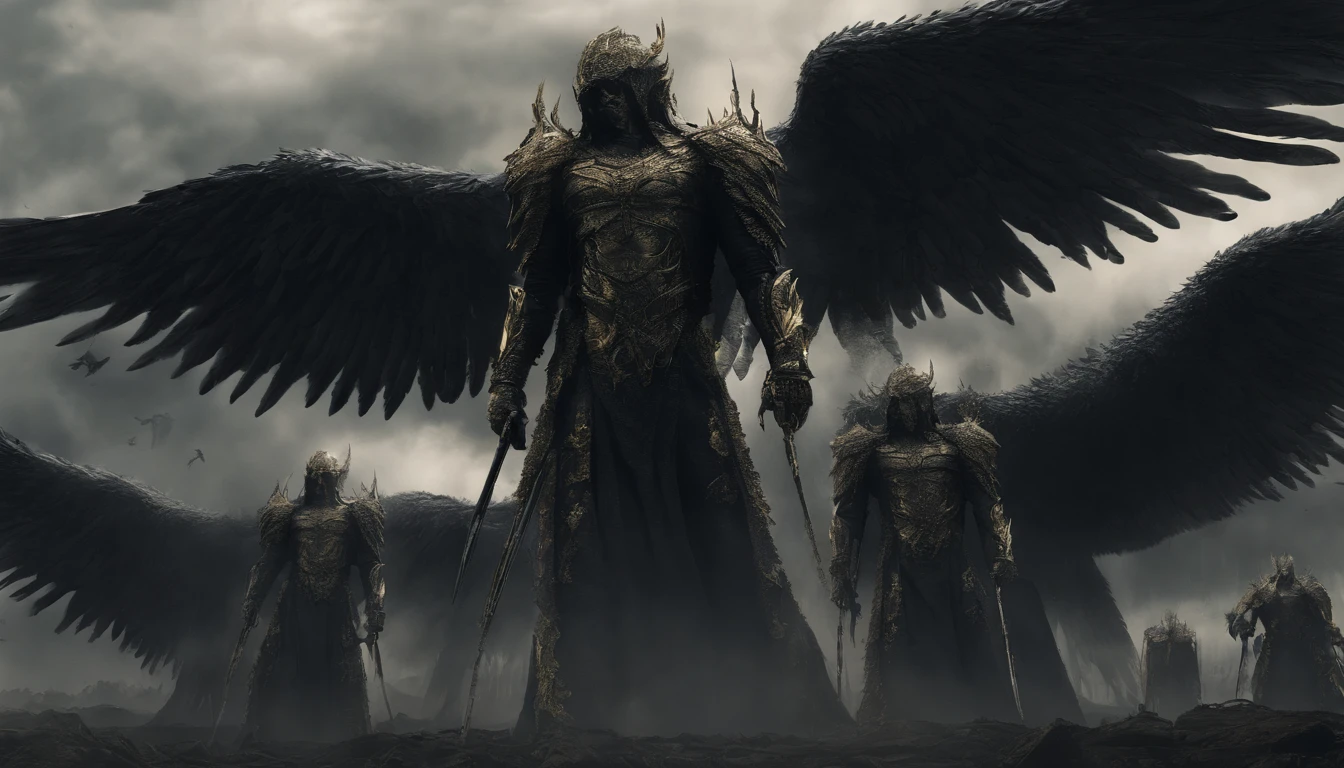 A huge army of archangel men with wings, with big wings, wielding swords, wearing golden armor with black details ,arranged in rows, high quality,8k