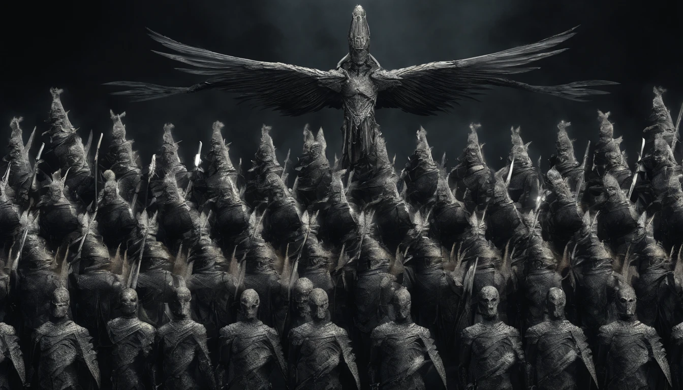 A huge army of archangel men with wings, with big wings, wielding swords, wearing golden armor with black details ,arranged in rows, high quality,8k