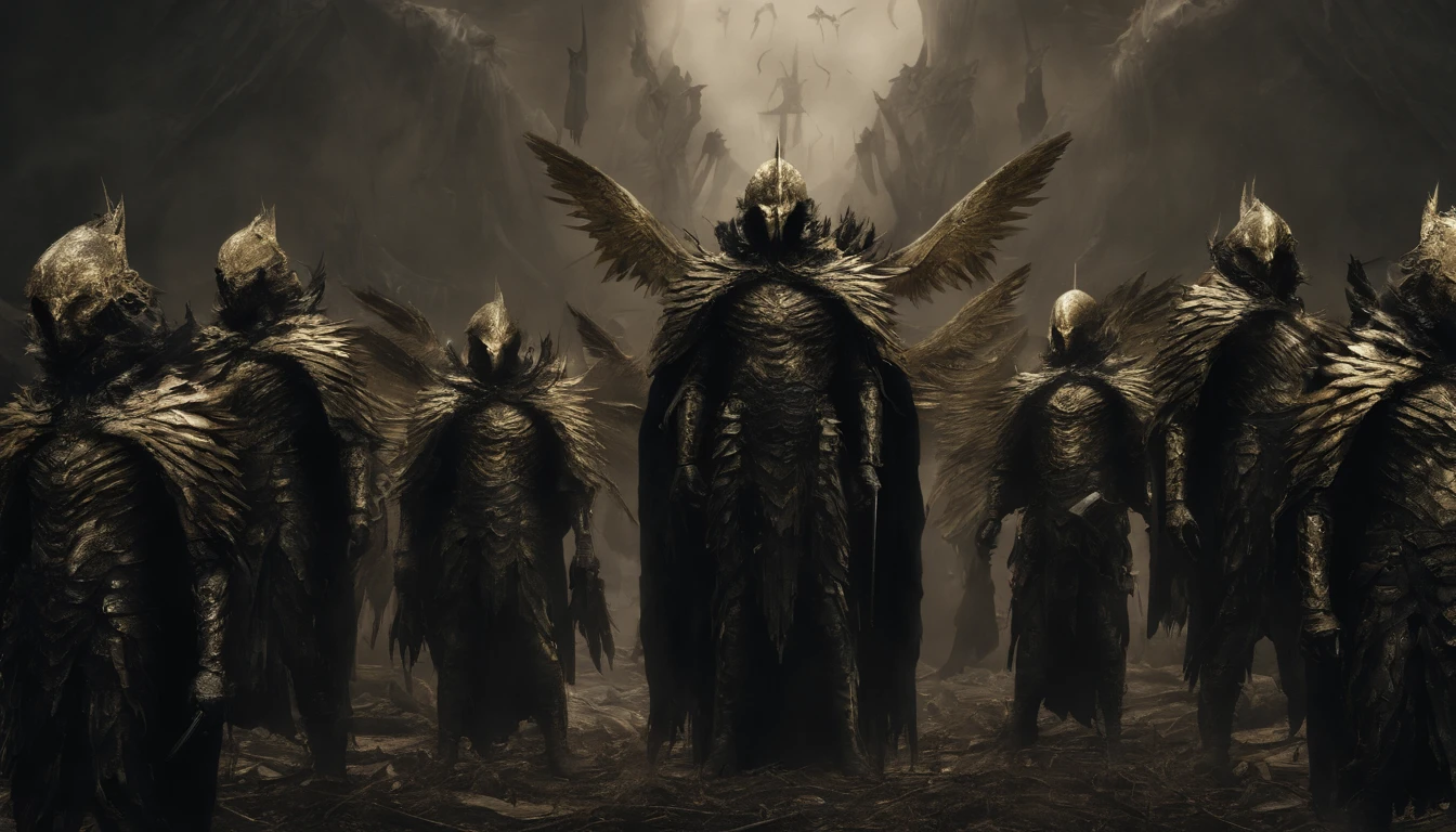 A huge army of archangel men with wings, with big wings, wielding swords, wearing golden armor with black details ,arranged in rows, high quality,8k