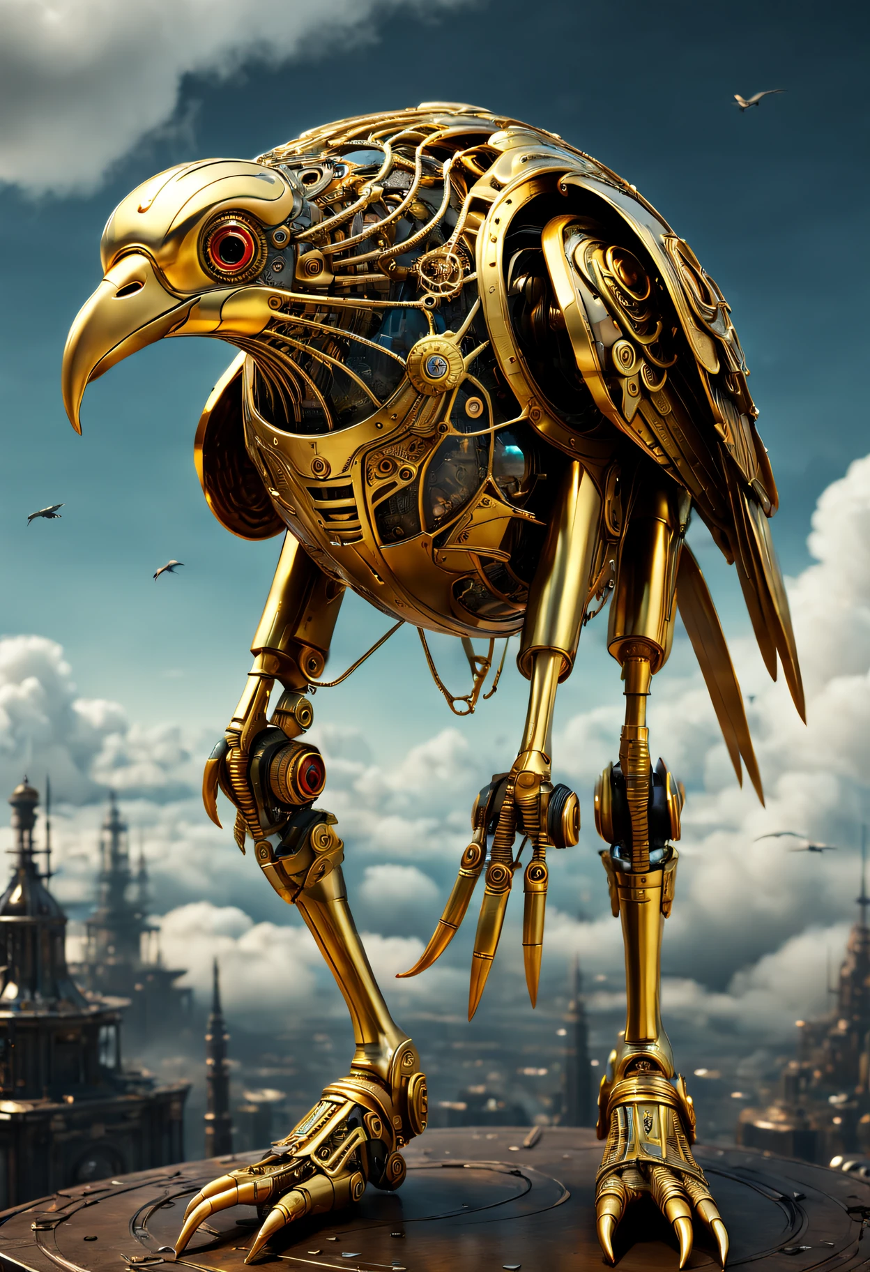 Creature bird made of gold and glass， Intricate details, Scientific, ultra - detailed, Photorealistic，3D style,Cyborg style，in a cloud，Skysky，steampunc,Biopunk style,cinematic Film still from,half-mechanical，futurism,Cinematic，(Three bird feet:1.5，Three bird legs:1.5,Excess bird feet)