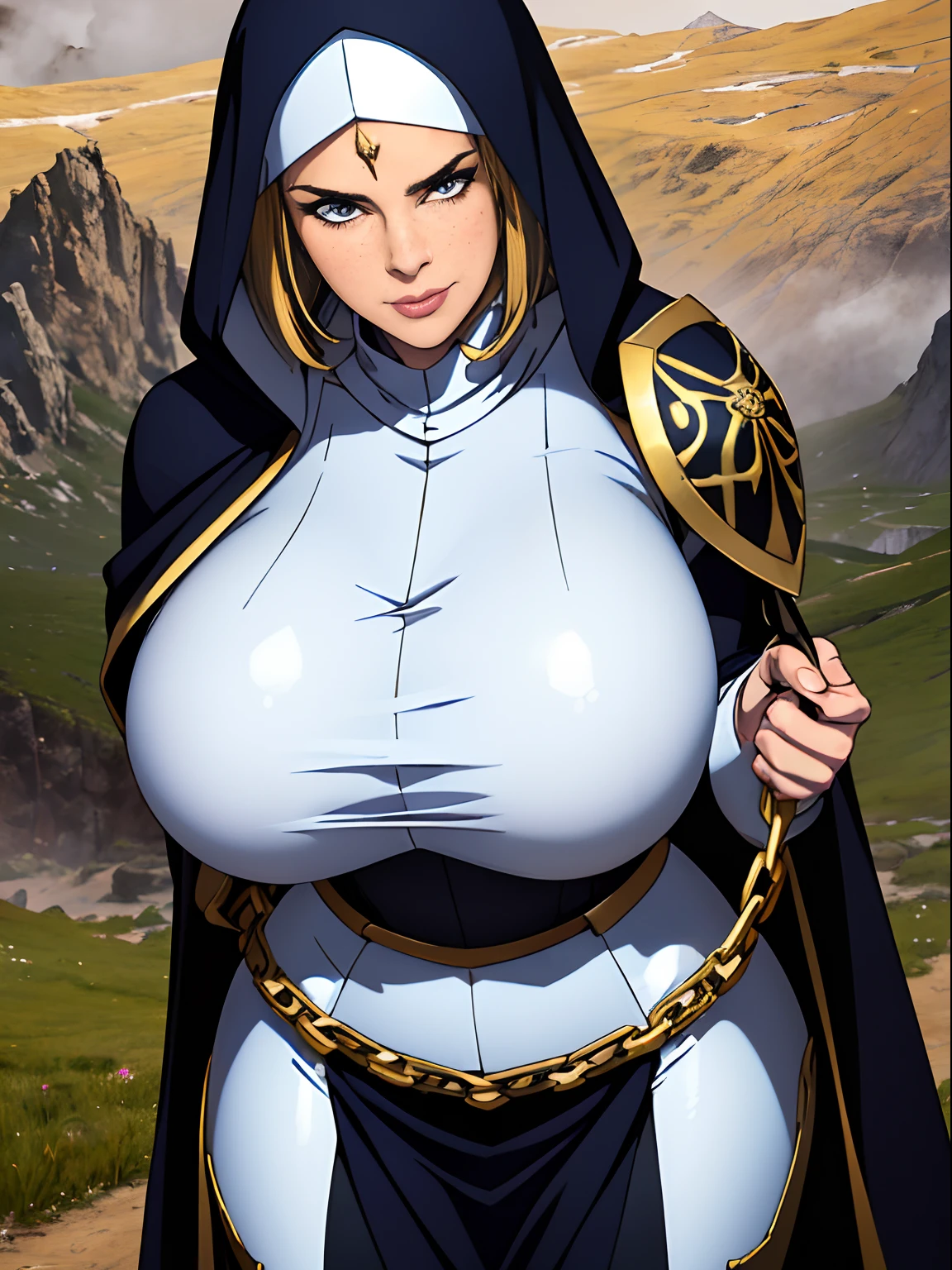(masterpiece, top quality, best quality, official art, beautiful and aesthetic:1.2), (1girl:1.3), light freckles, fair skin, extremely detailed, portrait, looking at viewer, solo, (full body:0.6), detailed background, close up, (warm grasslands theme:1.1), holy paladin knight, charlatan, smirk, mysterious, swaying in mountains, modest attire, ((ornate white and gold armor)), cowl, nun hood, wimple, boob armor, cowl, robe, chain mail, chainmail, leggings, chainmail leggings, chain mail leggings, breastplate, tabard, gorget, hood, pauldrons, greaves, armored, long boots, longsword, shield, cape, cloak, pearlescent metal, white fabric, pale leather, ((((gigantic breasts)))), slim waist, slim hips, long legs, medieval (mountain exterior:1.1) background, dark mysterious lighting, shadows, magical atmosphere, dutch angle,