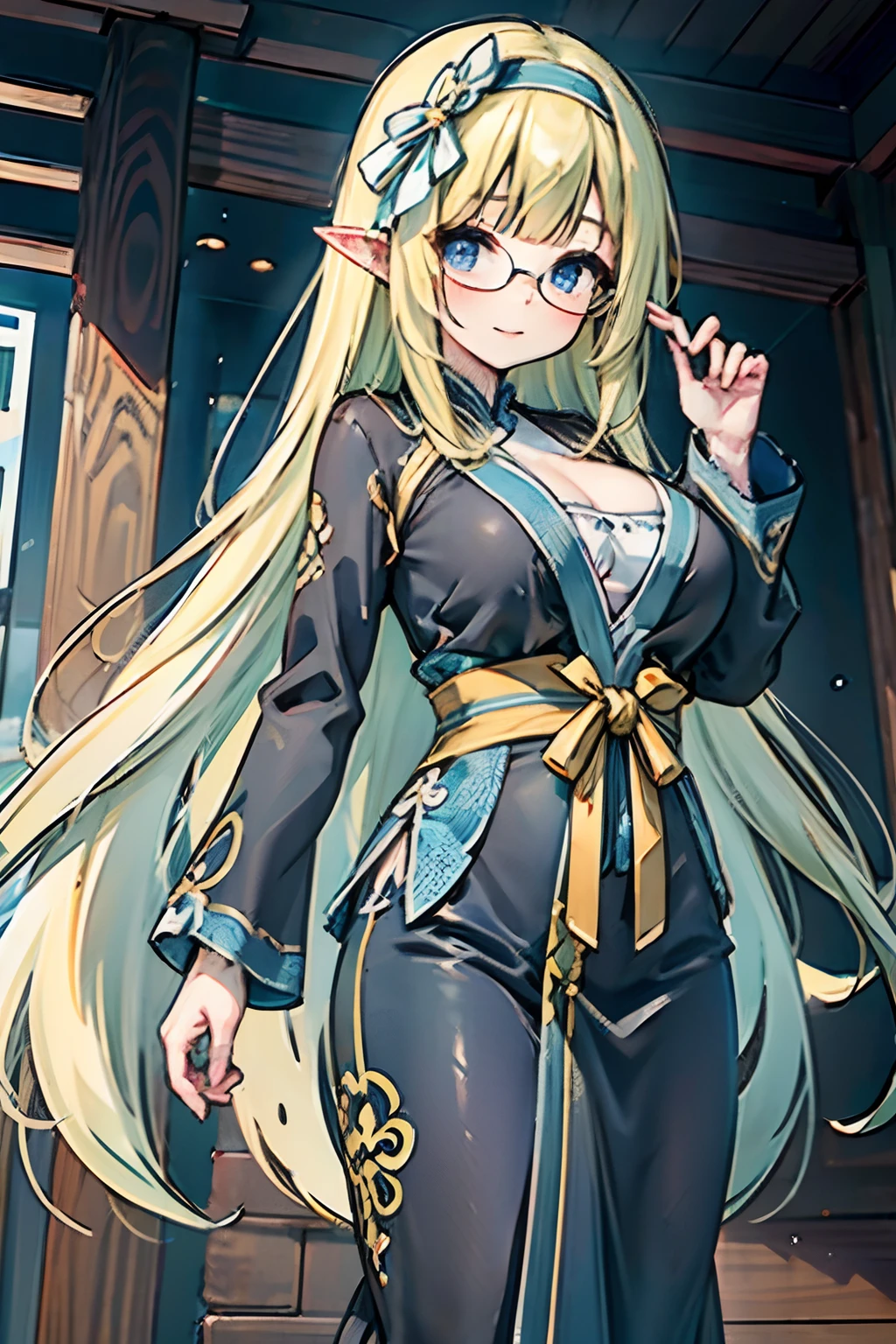 Mature anime beauty,Dark blue plain robe,Dark blue plain suit, detailed long blond hair, Long-haired, A flowing robe, cabellos largos dorados, cabellos largos dorados, Long flowing hair, Anime girl with long hair, Simple dark blue robe，Dark blue hanfu，Perfect body elf woman，elvish ears，Background of ancient Chinese architecture，Ancient Chinese architectural background，Bust，sideways standing，Tai Chi pattern，Gossip mode，Glasses，Mature woman，Yin and Yang fish pattern，Look to the lens，A bad smile，leaning against pillars，Huge bust，Oversized breasts，Unbelievably huge，blue color eyes，Jewel-like blue eyes