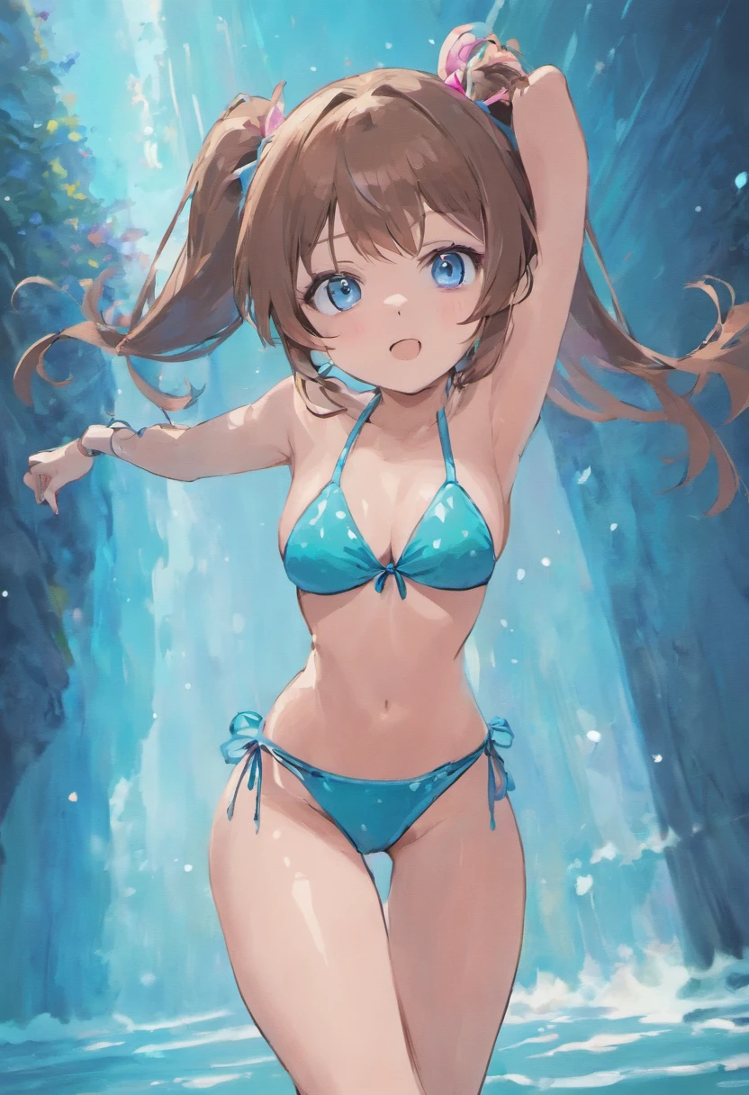 1 girl, long brown hair, blue eyes. hair in pigtails. pink bikini. doggystyle, tight booty.