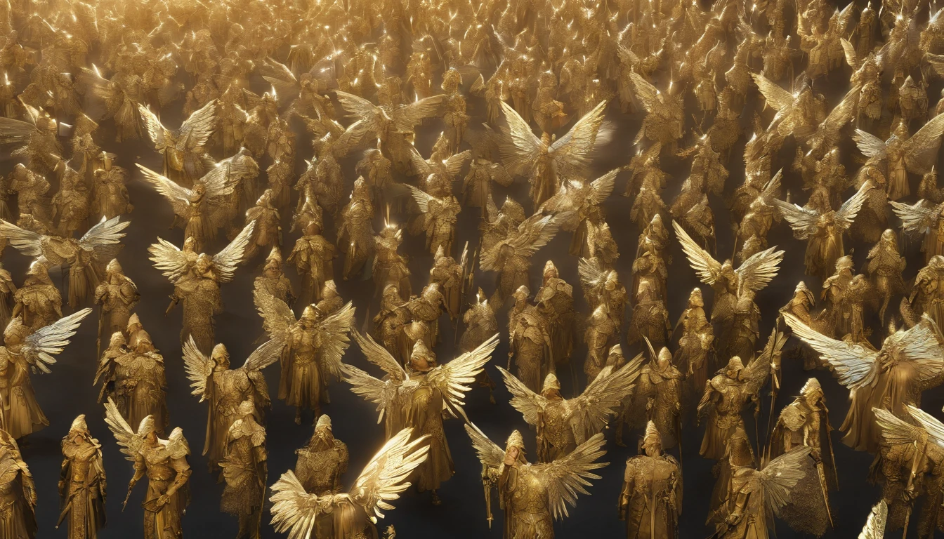 A huge army of archangel men with wings, with big wings, wielding swords, wearing golden armor with black details ,arranged in rows, high quality,8k