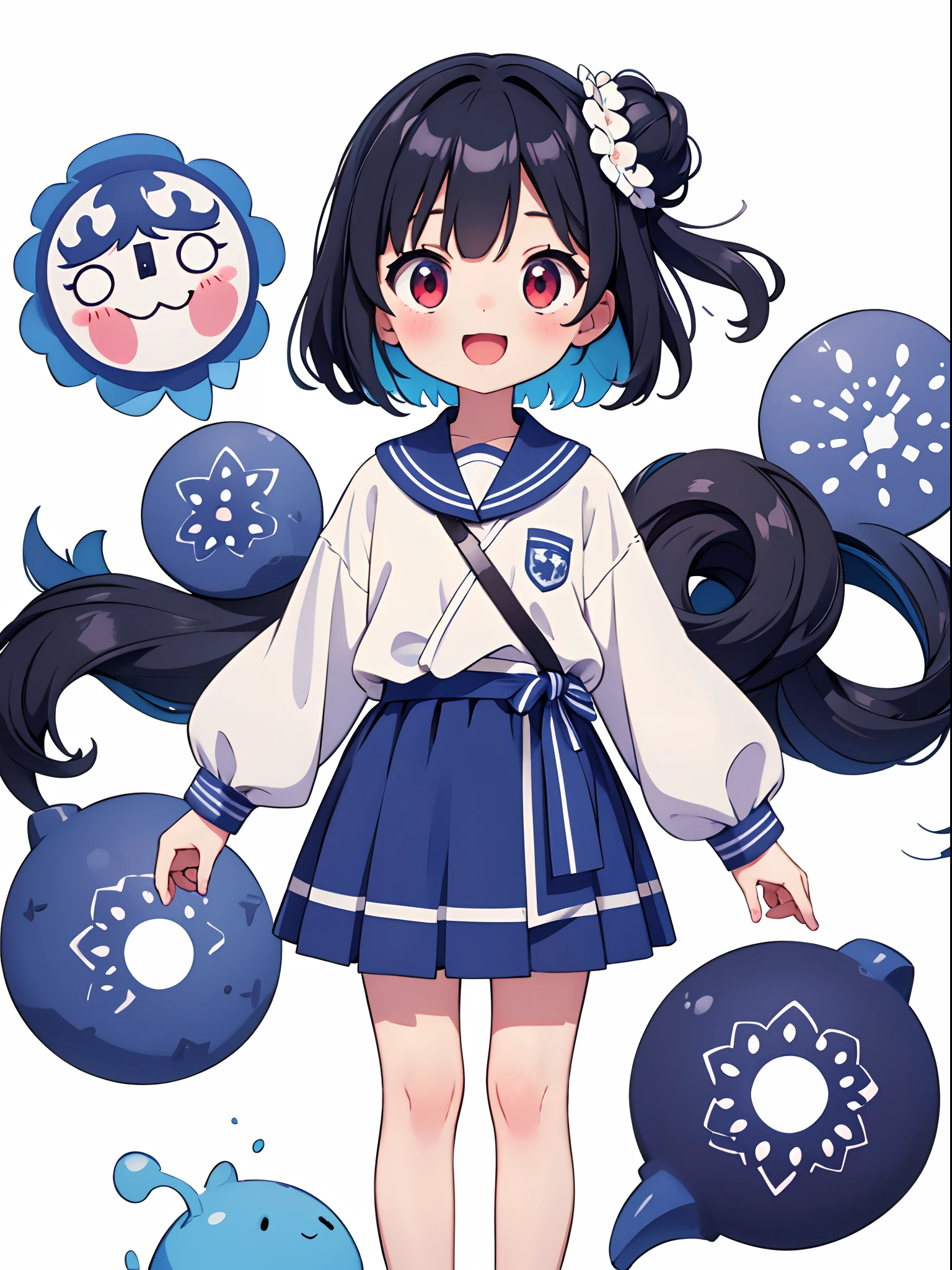 Cute  s、Wearing a bright white shirt、In the style of soft color palette
Her anime illustrations
face、animated gif、hand-drawn
animation、charming sketches、Smooth and
glossy
Background - AR 1:1 - Rainbow 5 - Expressive in style - S 50(Best Quality, masutepiece, Raw photo,Ultra-detailed:1.2),Black hair，Blue Inner Color Bob，Red Eyes，Top image quality，８ｋ，A smile，straight haired，Unraveled hair, The head is near the center of the screen,frontage,a cute loli,full by in view,From the front,1 girl in,Wide Angle,Hair is tied in a bun at the sides,Short hair,fullllbody,Blank background,with a pure white background,Empty background,Opens mouth and laughs