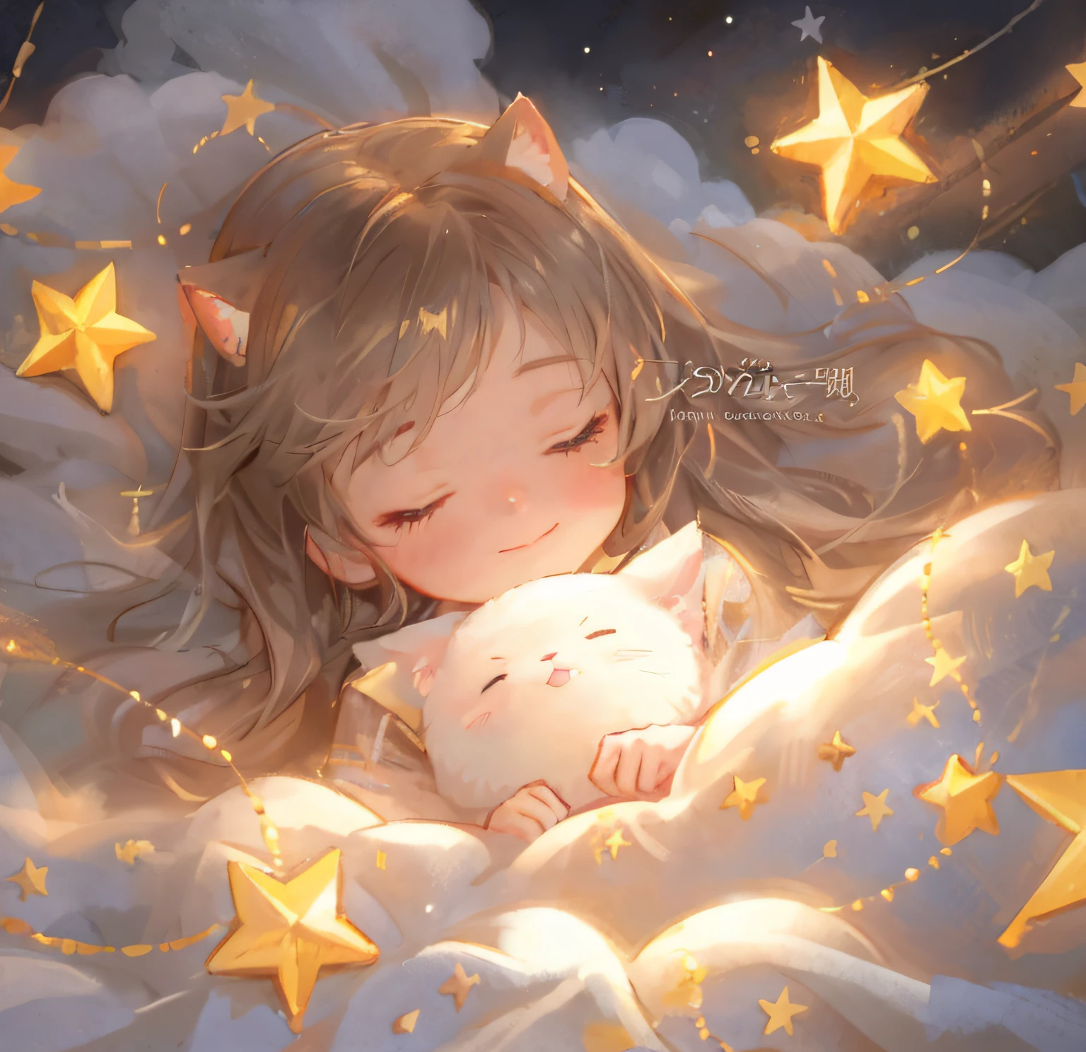 Anime girl sleeping with cat in clouds with stars, Soft anime illustration, Cute detailed digital art, adorable digital art, Guweiz in Pixiv ArtStation, Guviz, Stars shine, Star(sky) Starry_sky, very beautiful cute catgirl, WLOP and Sakimichan, trending on cgstation,Remove the watermark