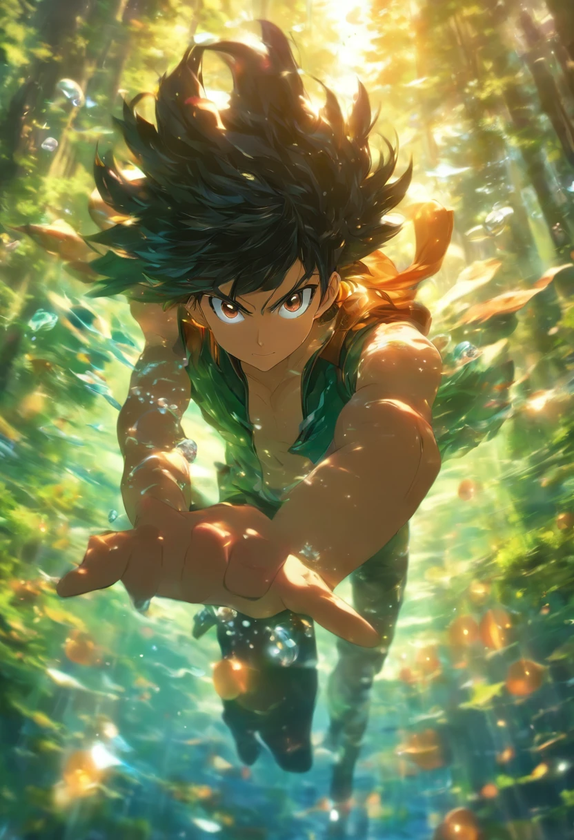 foreshortening, Depth of field, Masterpiece, Best quality, 1boys, black color hair, Brown eyes, Long hair, Underwater, airbubble, Solo, view the viewer, ln the forest, Dappled sunlight,